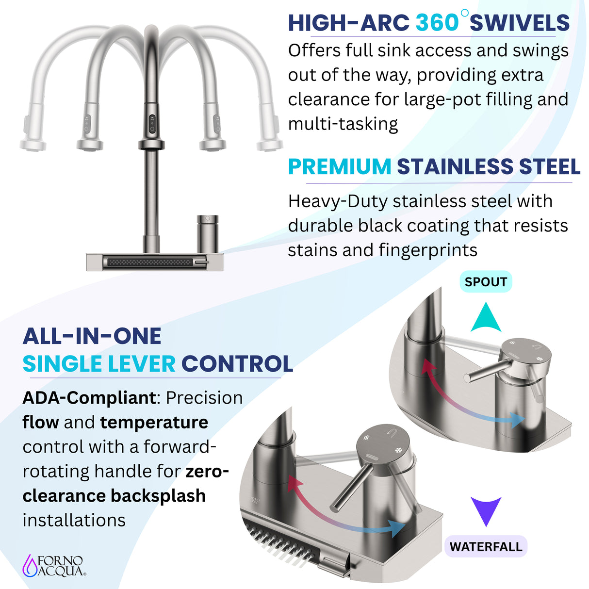 FORNO ACQUA 4 Function Waterfall Pull-Down Kitchen Faucet