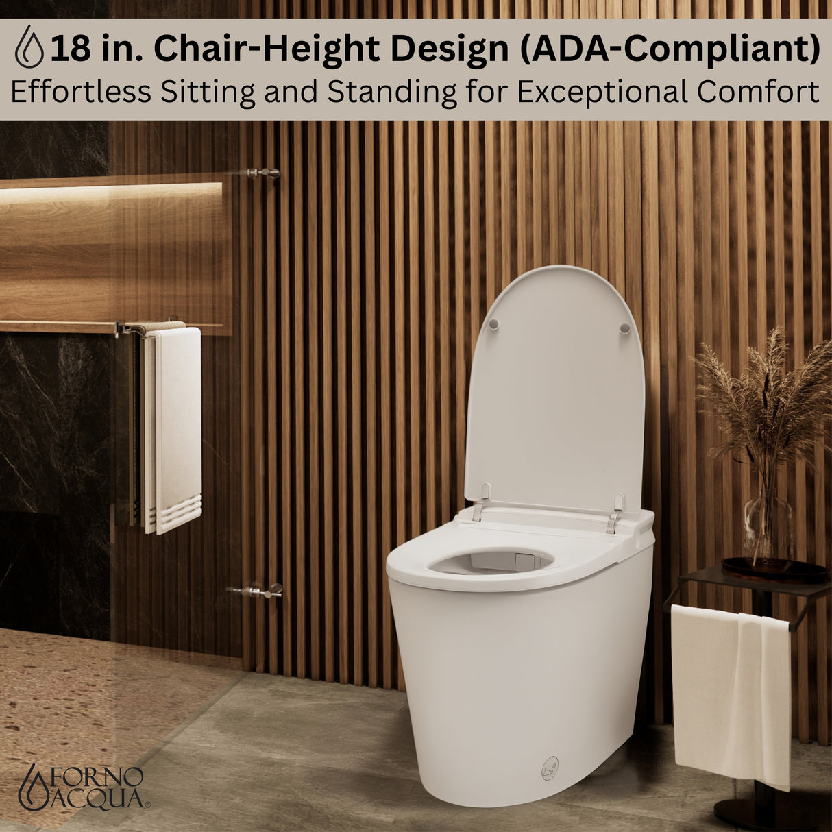FORNO ACQUA Luxurious Smart Toilet. Includes Auto Flush, Auto Lid, Powerful Flush, sleek tankless design Ideal for Powder Rooms.