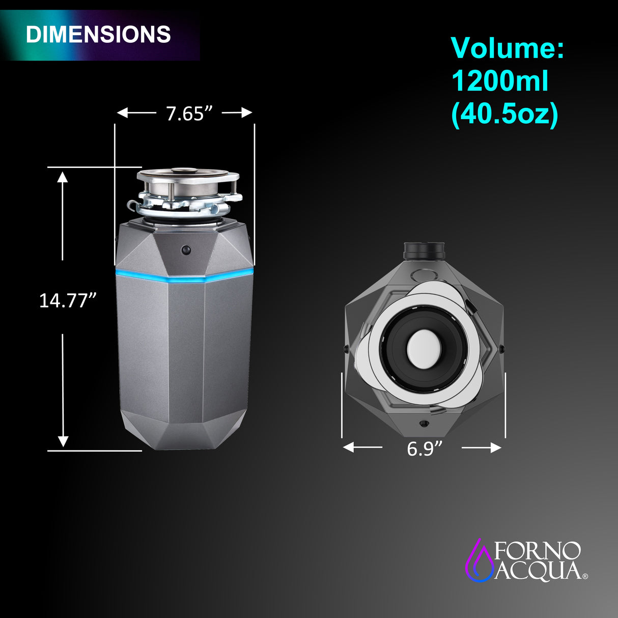 FORNO ACQUA BrightDIAMOND Black Onyx 1HP Super Quiet Garbage Disposal Corded with Motion Sensor Cabinet Light & Pre-Wired Air Switch