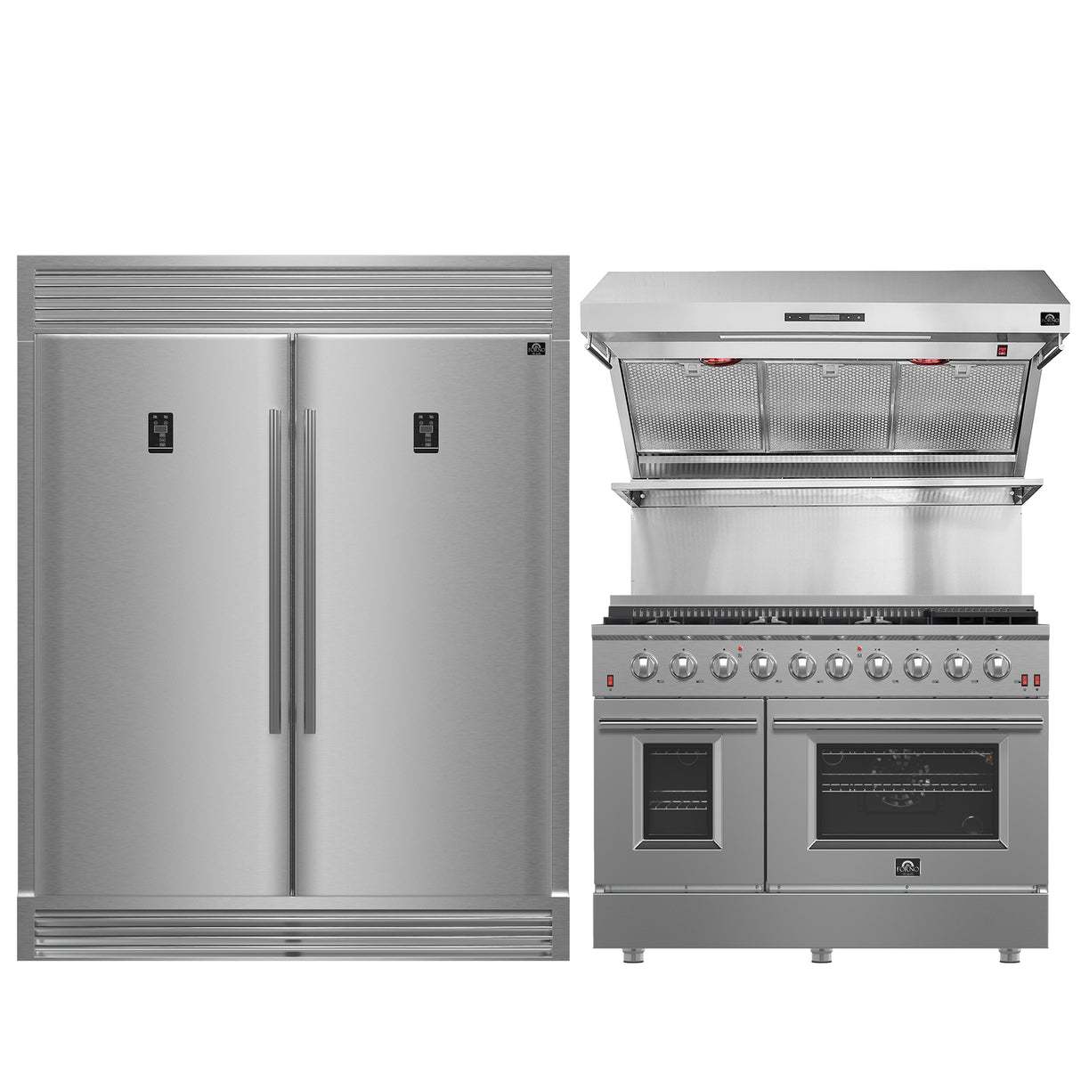 FORNO Premium 3-Piece Kitchen Bundle - FORNO Galiano 48" Freestanding Gas Range, FORNO Rizzuto 60" W. Dual Combo Convertible Refrigerator, FORNO 48" Wall Mount Range Hood - FBDL-018-02US