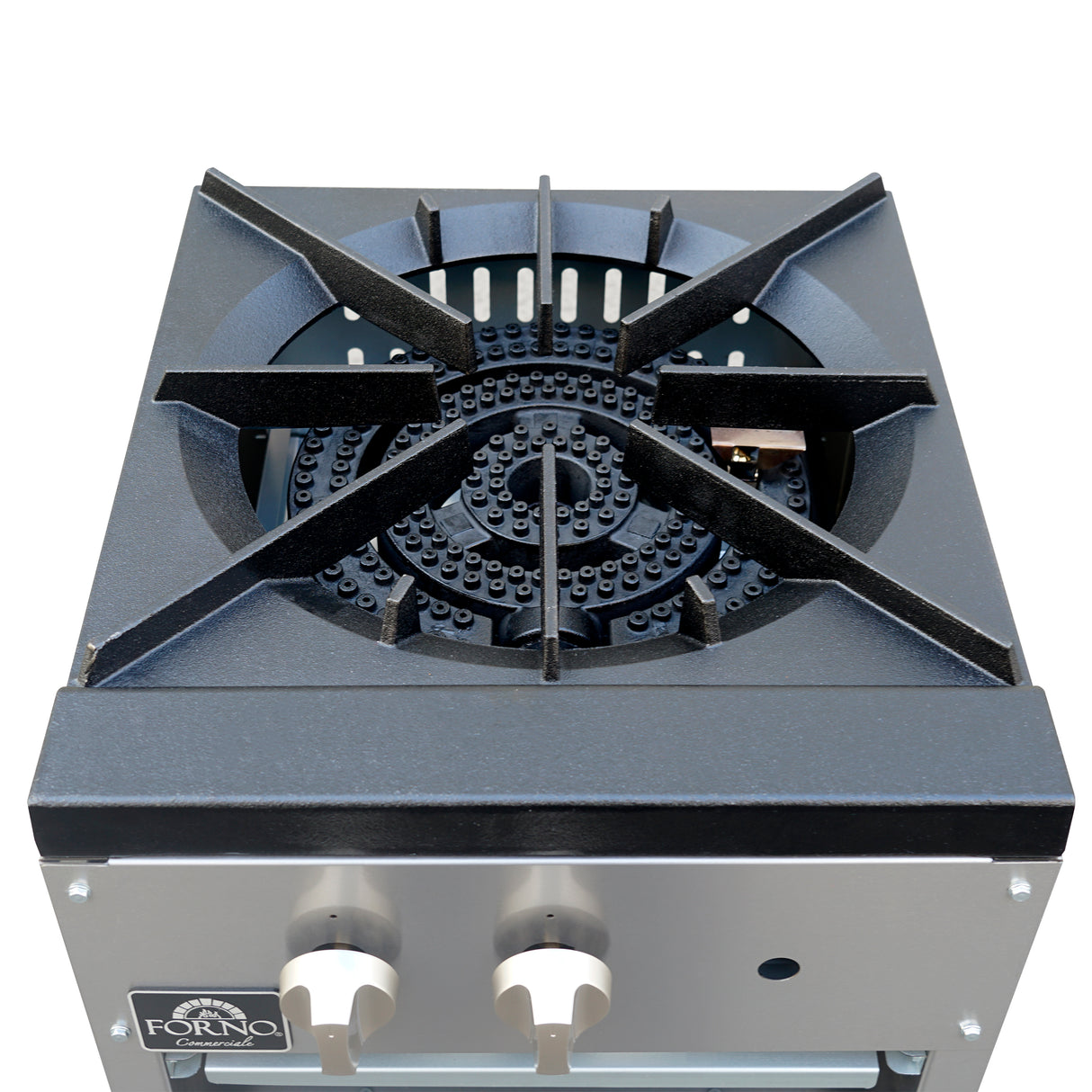 Forno Commerciale gas stock pot range, 1 powerful 3-ring burner, 80,000 BTU, durable stainless steel, heavy-duty cast iron grate