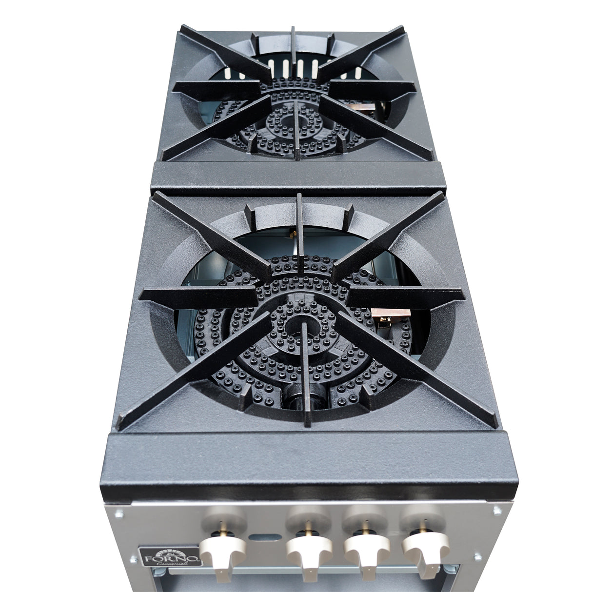 Forno Commerciale gas stock pot range, 2 powerful 3-ring burners, 160,000 BTU, durable stainless steel, heavy-duty cast iron grates