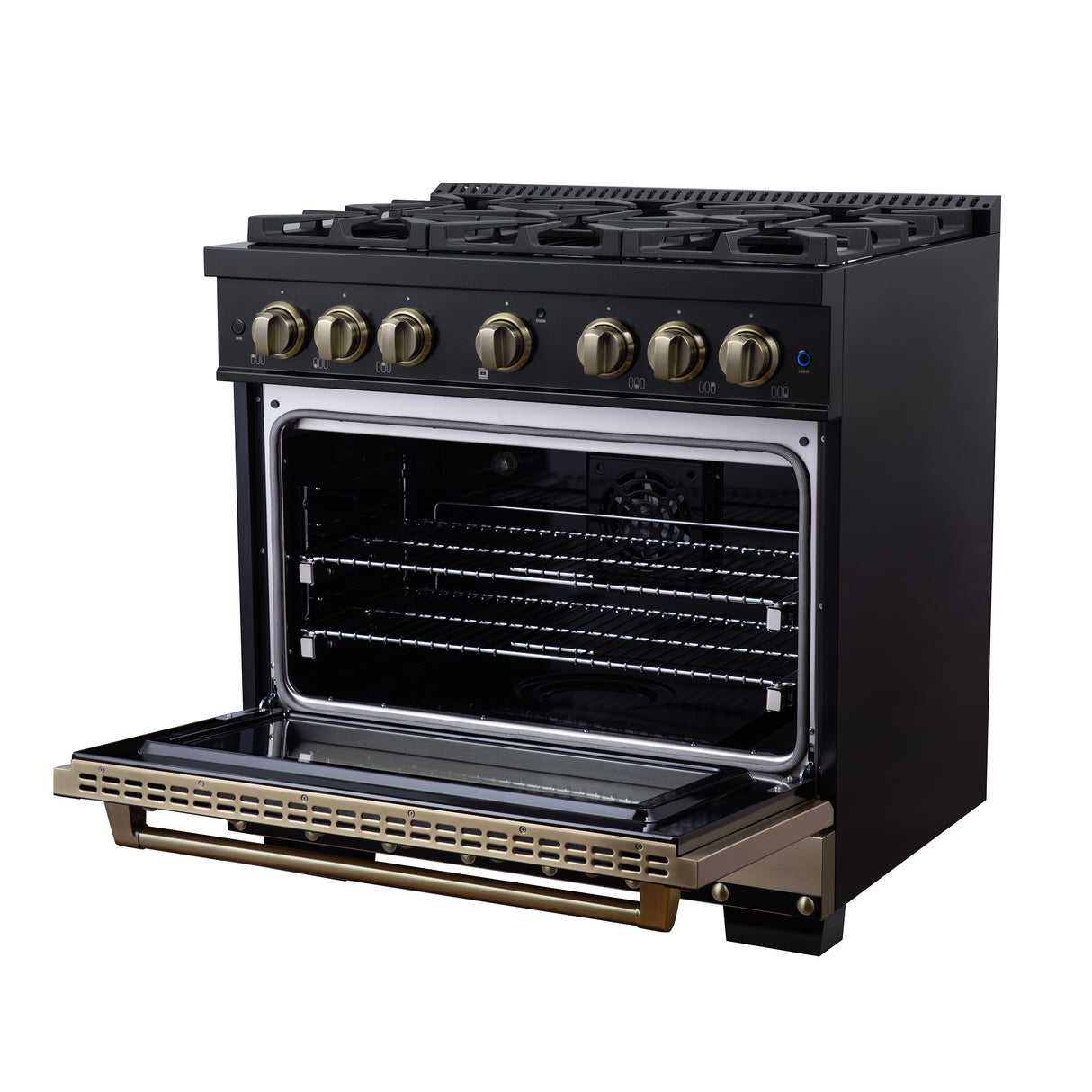 Valente 36" Dual Fuel Range in Black, 6 Sealed Burners, 71 000 BTU Cooktop Output , 5.2 Cu.Ft. convection Oven, Telescopic Racks
