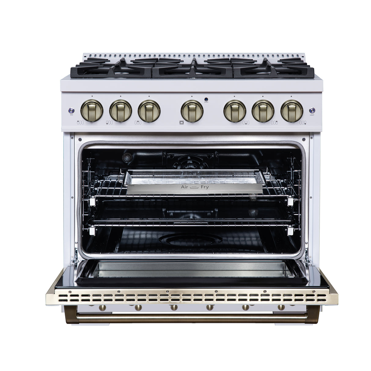 Valente 36" Dual Fuel Range in White, 6 Sealed Burners, 71 000 BTU Cooktop Output , 5.2 Cu.Ft. convection Oven, Telescopic Racks