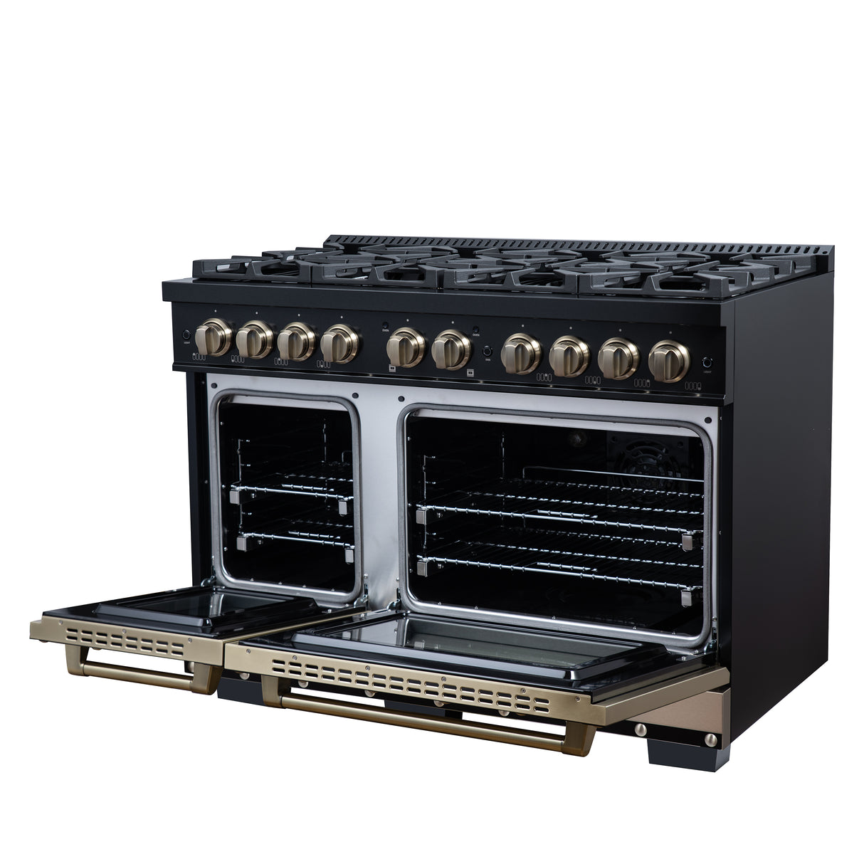 Valente 48" Dual Fuel Range in Black, 8 Sealed Burners, 94 000 BTU Cooktop Output, 6.7 Cu.Ft. Double Oven, Telescopic Racks