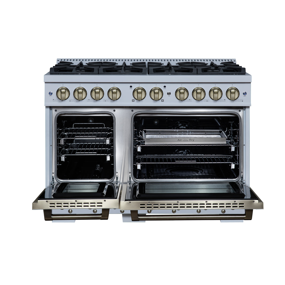 Valente 48" Dual Fuel Range in White, 8 Sealed Burners, 94 000 BTU Cooktop Output, 6.7 Cu.Ft. Double Oven, Telescopic Racks