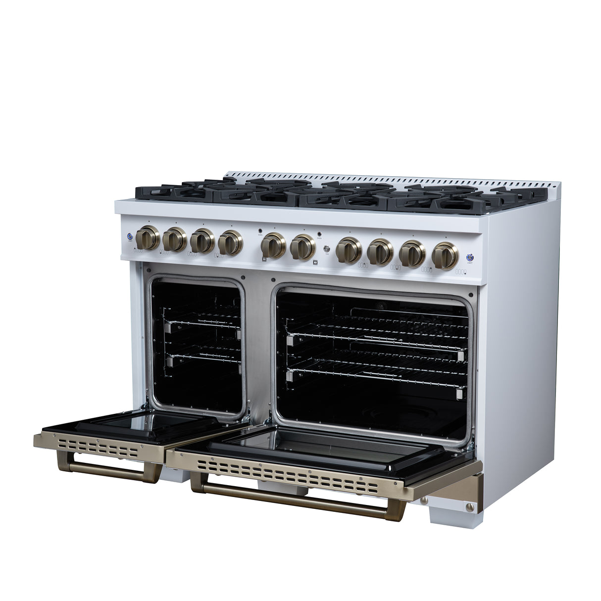 Valente 48" Dual Fuel Range in White, 8 Sealed Burners, 94 000 BTU Cooktop Output, 6.7 Cu.Ft. Double Oven, Telescopic Racks
