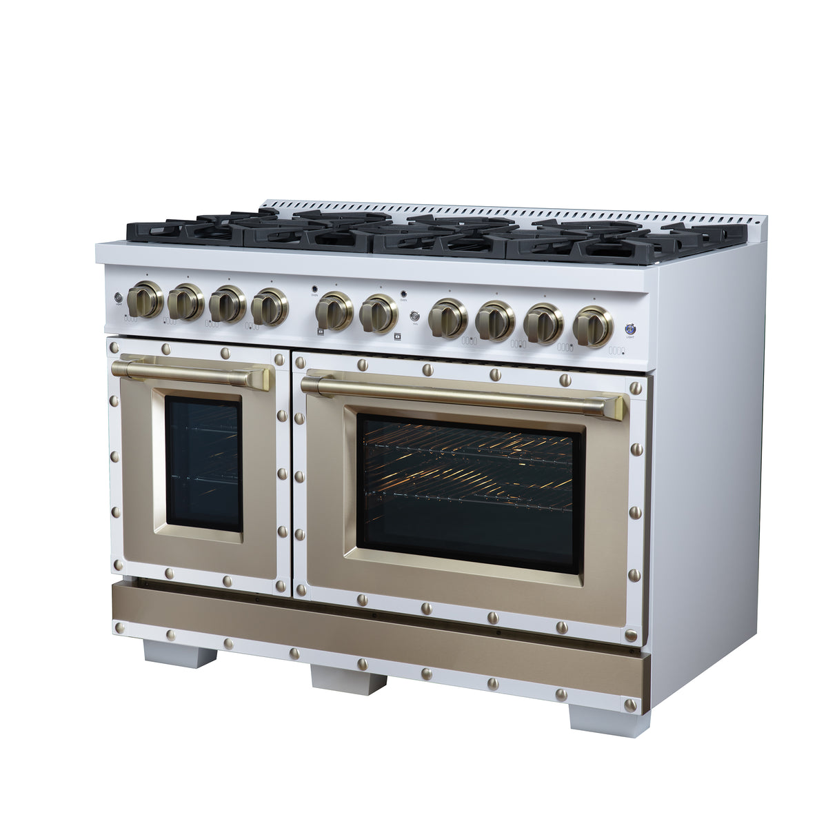 Valente 48" Dual Fuel Range in White, 8 Sealed Burners, 94 000 BTU Cooktop Output, 6.7 Cu.Ft. Double Oven, Telescopic Racks