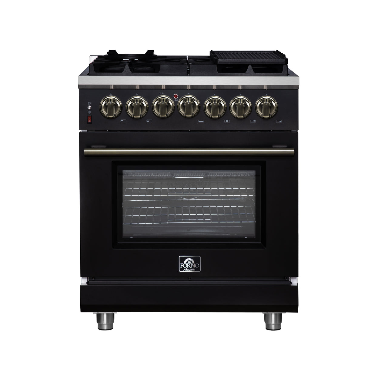Forno Massimo 30-Inch Freestanding Dual Fuel Range in Black with Antique Brass Accessories, 4 Burners, 4.32 cu. ft. Convection Oven