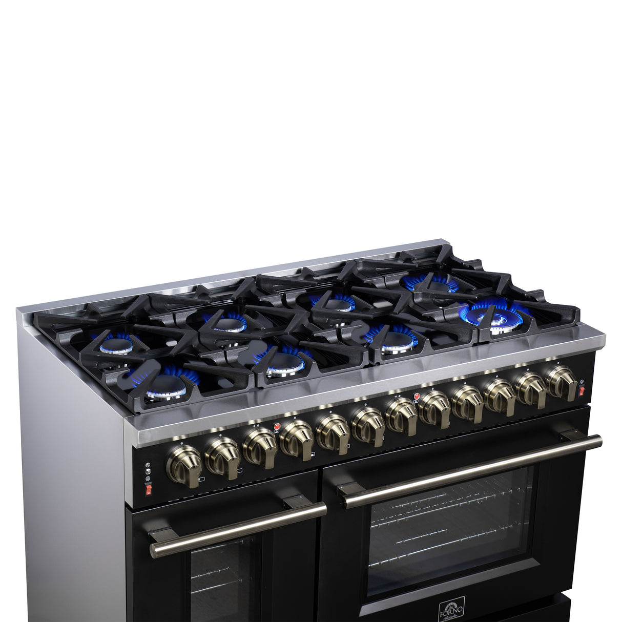 Forno Massimo 48 Inch Freestanding Dual Fuel Range in Black with Antique Brass Accessories, 8 Burners, 6.58 cu. ft. Convection Oven