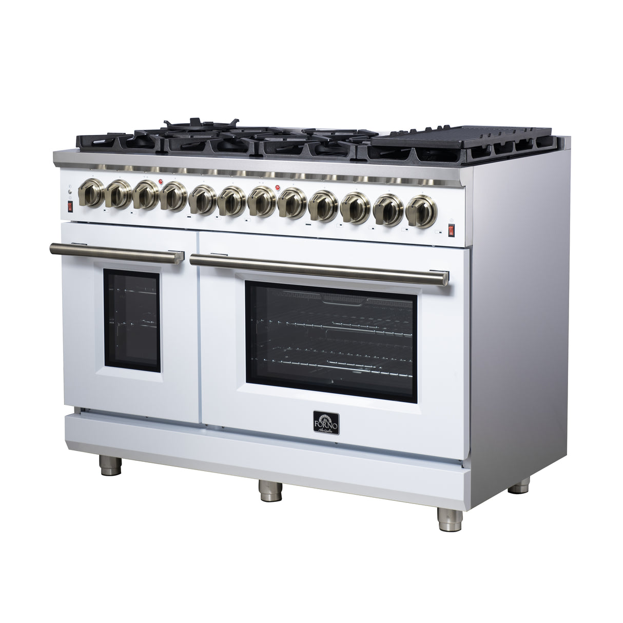 Forno Massimo 48 Inch Freestanding Dual Fuel Range in White with Antique Brass Accessories, 8 Burners, 6.58 cu. ft. Convection Oven