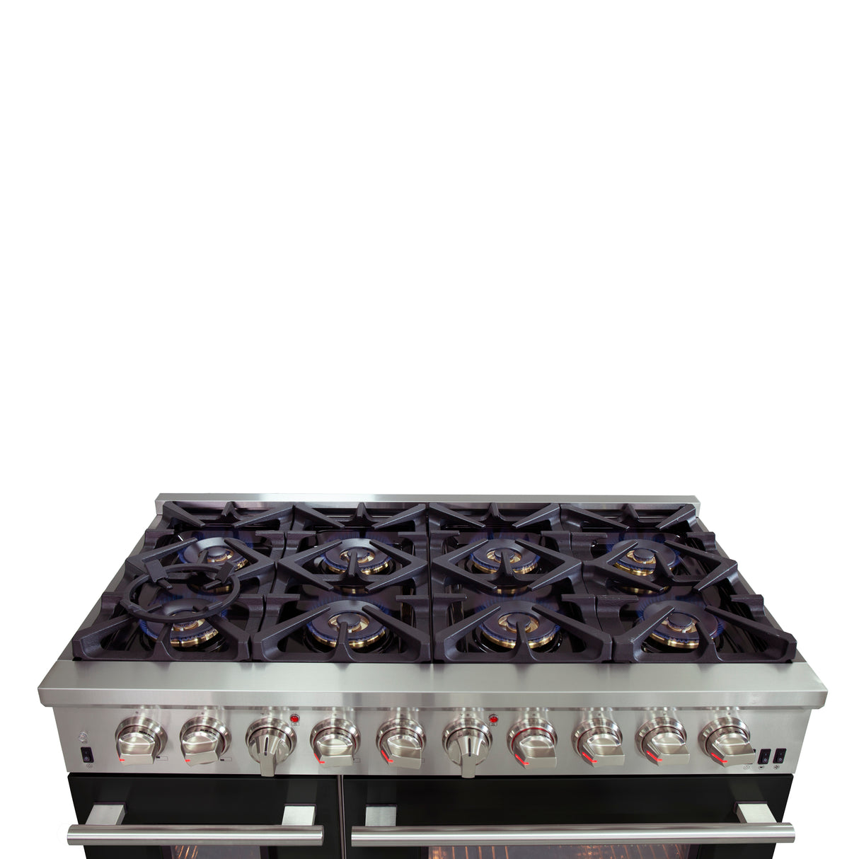 Forno Capriasca 48-Inch Freestanding Dual Fuel Range, 8 Burners, True Convection Oven, Black Doors