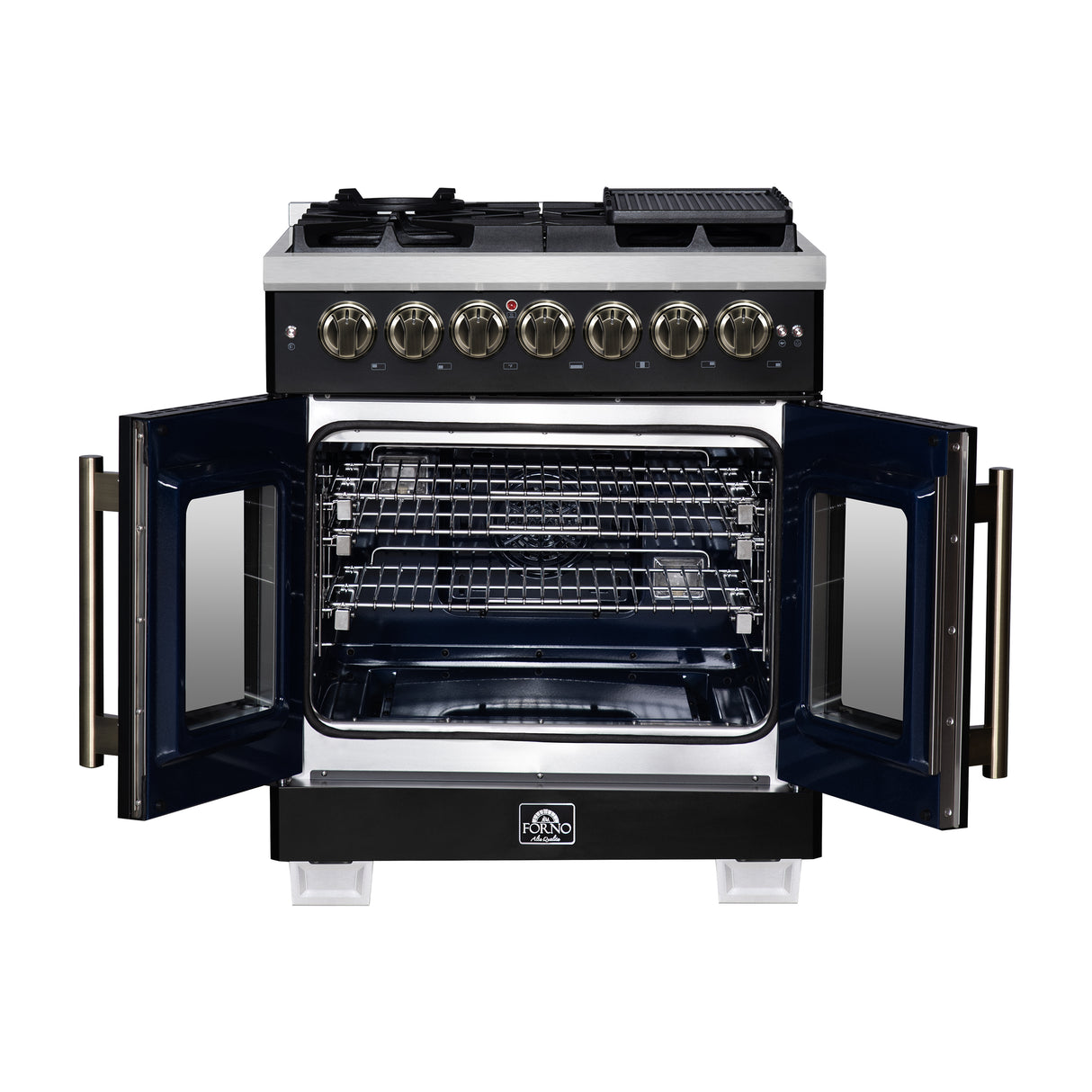 Forno Capriasca 30-Inch Freestanding French Door Dual Fuel Range in Black with Antique Brass Accessories, 5 Burners, True Convection Oven