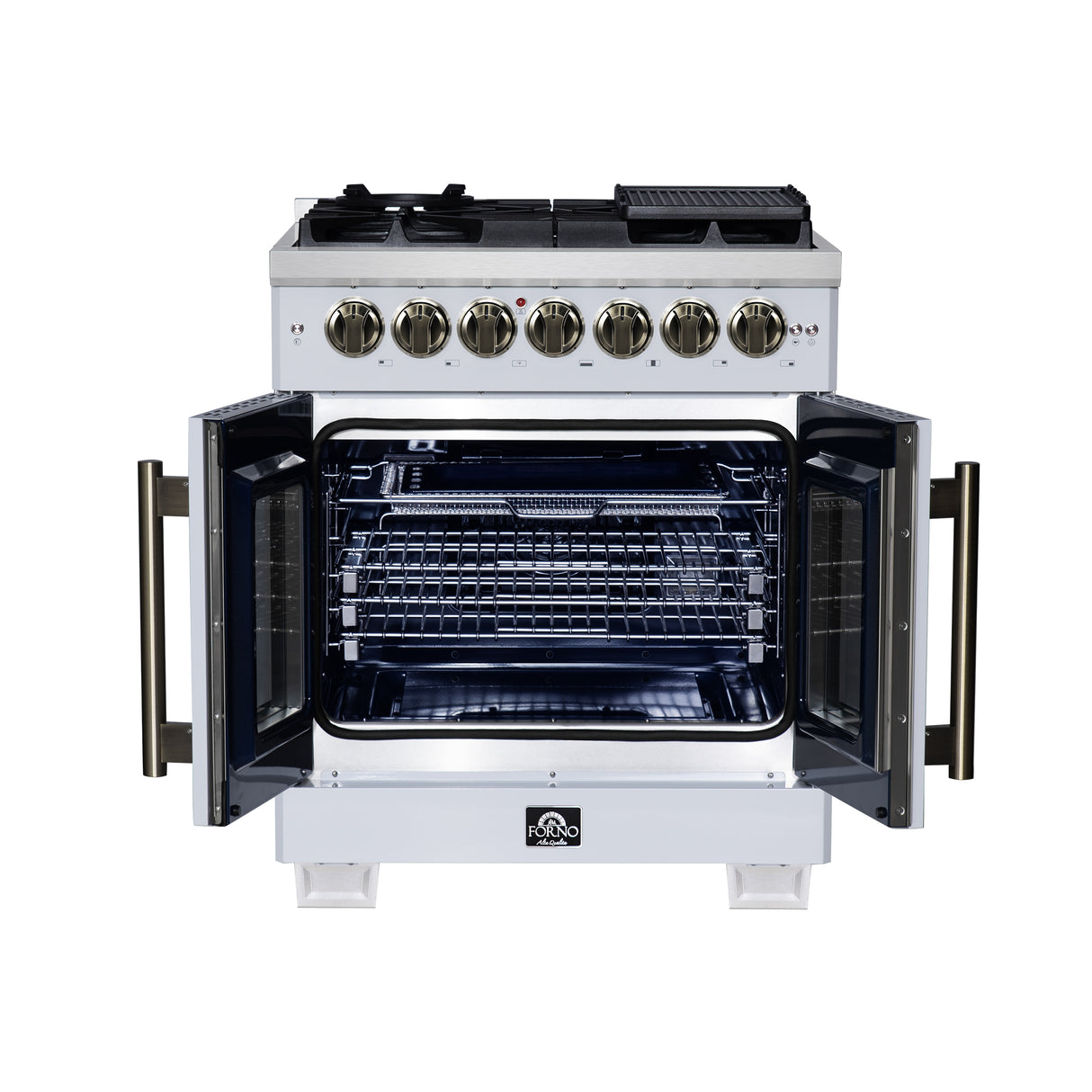 Forno Capriasca 30-Inch Freestanding French Door Dual Fuel Range in White with Antique Brass Accessories, 5 Burners, True Convection Oven