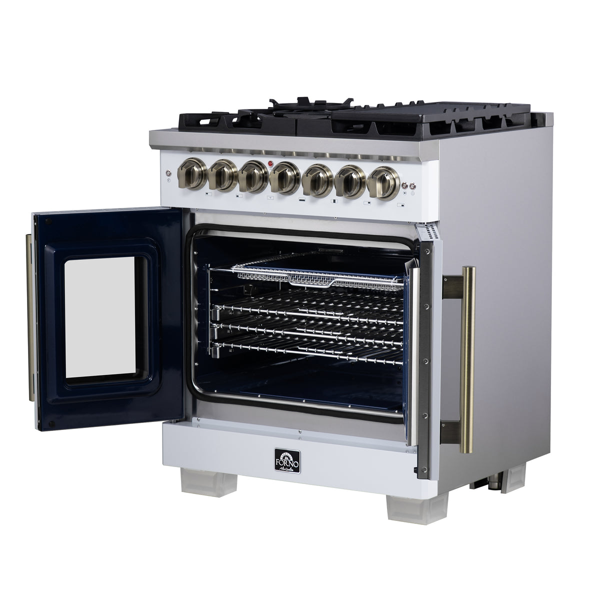 Forno Capriasca 30-Inch Freestanding French Door Dual Fuel Range in White with Antique Brass Accessories, 5 Burners, True Convection Oven