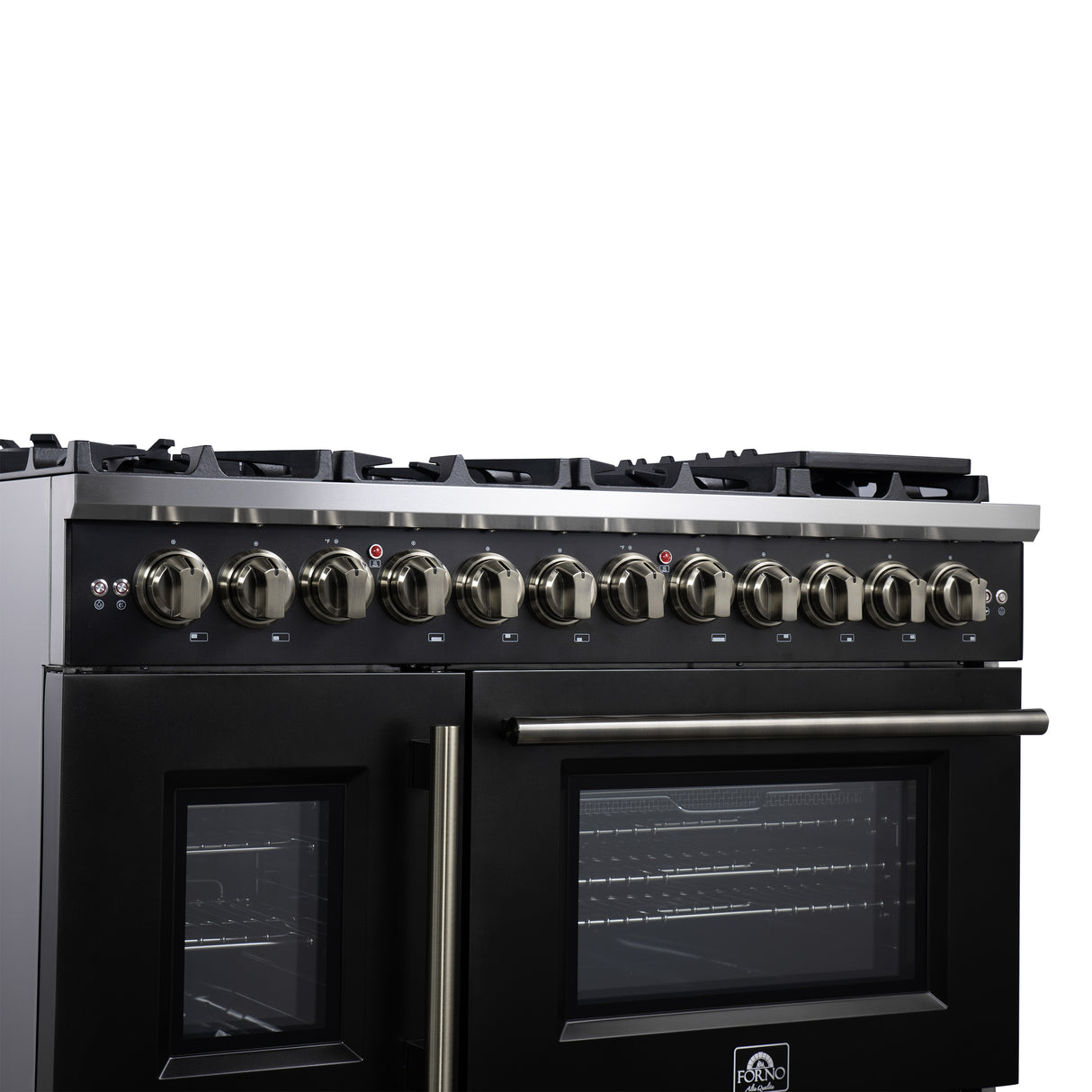 Forno Capriasca 48 Inch Freestanding French Door Dual Fuel Range in Black with Antique Brass Accessories, 8 Burners, True Convection Oven