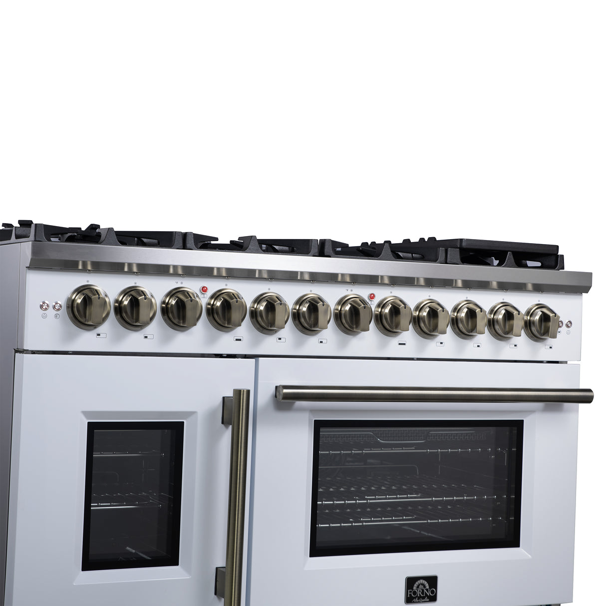 Forno Capriasca 48 Inch Freestanding French Door Dual Fuel Range in White with Antique Brass Accessories, 8 Burners, True Convection Oven