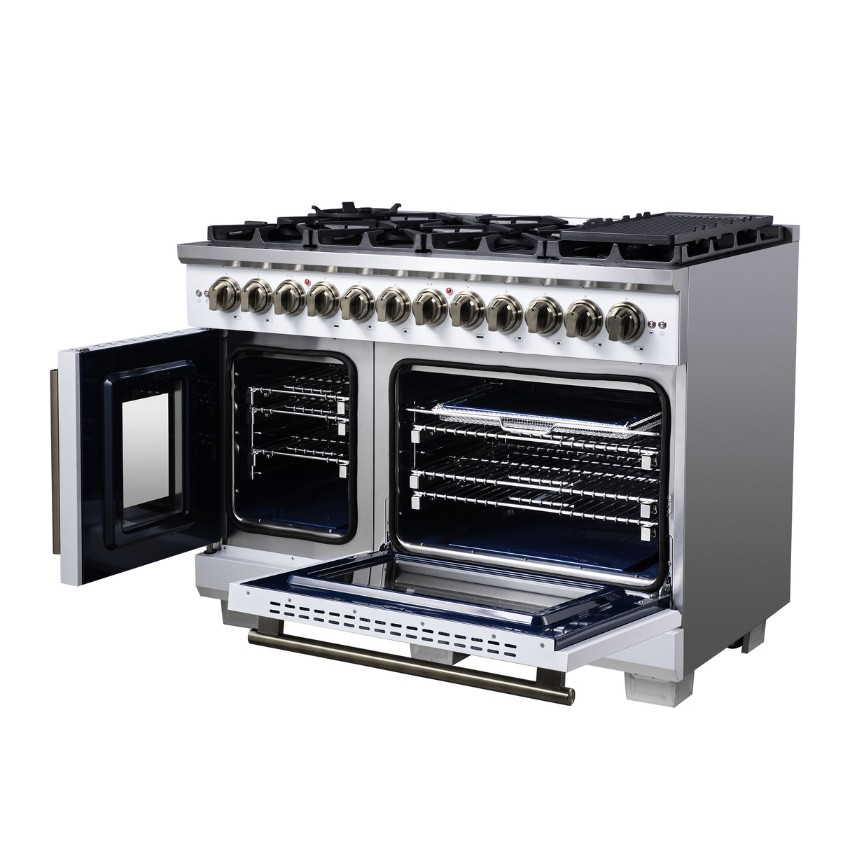 Forno Capriasca 48 Inch Freestanding French Door Dual Fuel Range in White with Antique Brass Accessories, 8 Burners, True Convection Oven