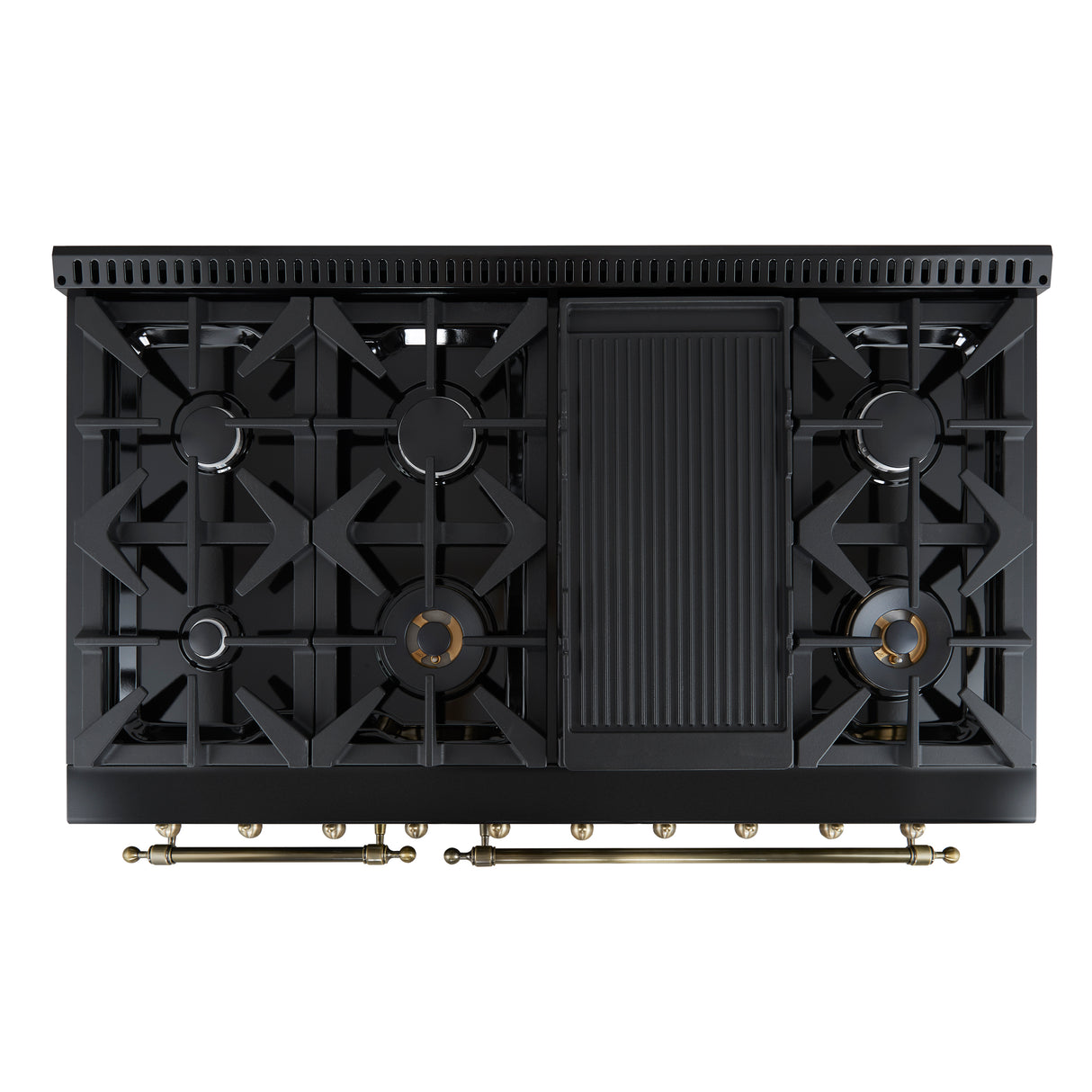 Forno Antico 48-Inch Dual Fuel Range, Black with Antique Brass Finish, 8 Burners, 94,000 BTU, 5.5 cu.ft. Double Ovens & Griddle