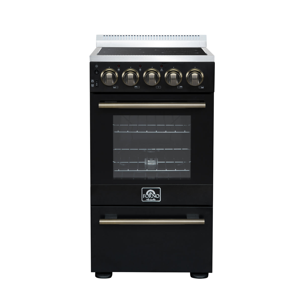 Forno Pallerano 20 Inch Freestanding Electric Range in Black with Antique Brass, Compact Design