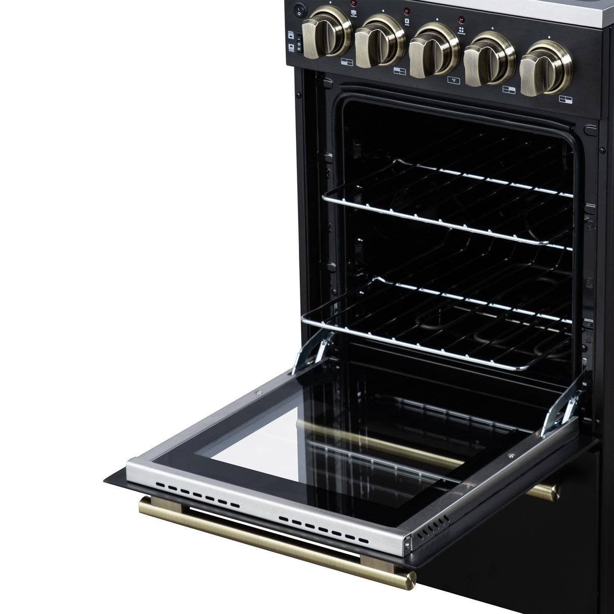 Forno Pallerano 20 Inch Freestanding Electric Range in Black with Antique Brass, Compact Design