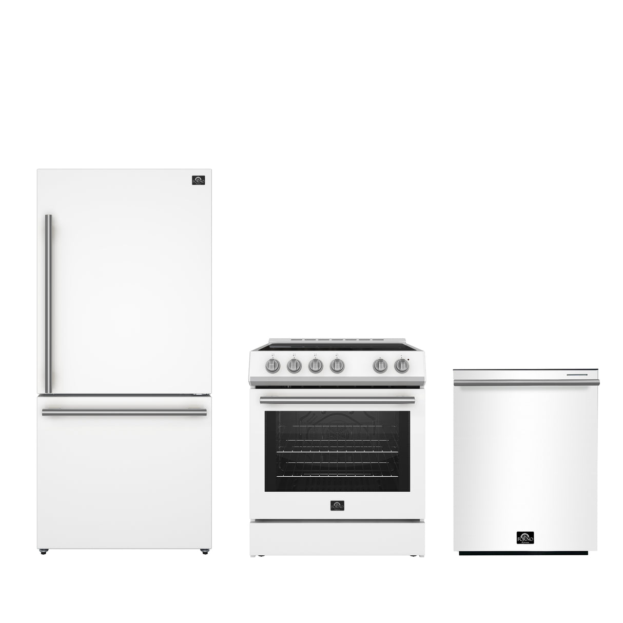 FORNO Premium 3-Piece Kitchen Bundle - Leonardo Espresso 30" White Range, 31" White Bottom Freezer Refrigerator, 24" White Built-In Dishwasher - FBDL-007-03US