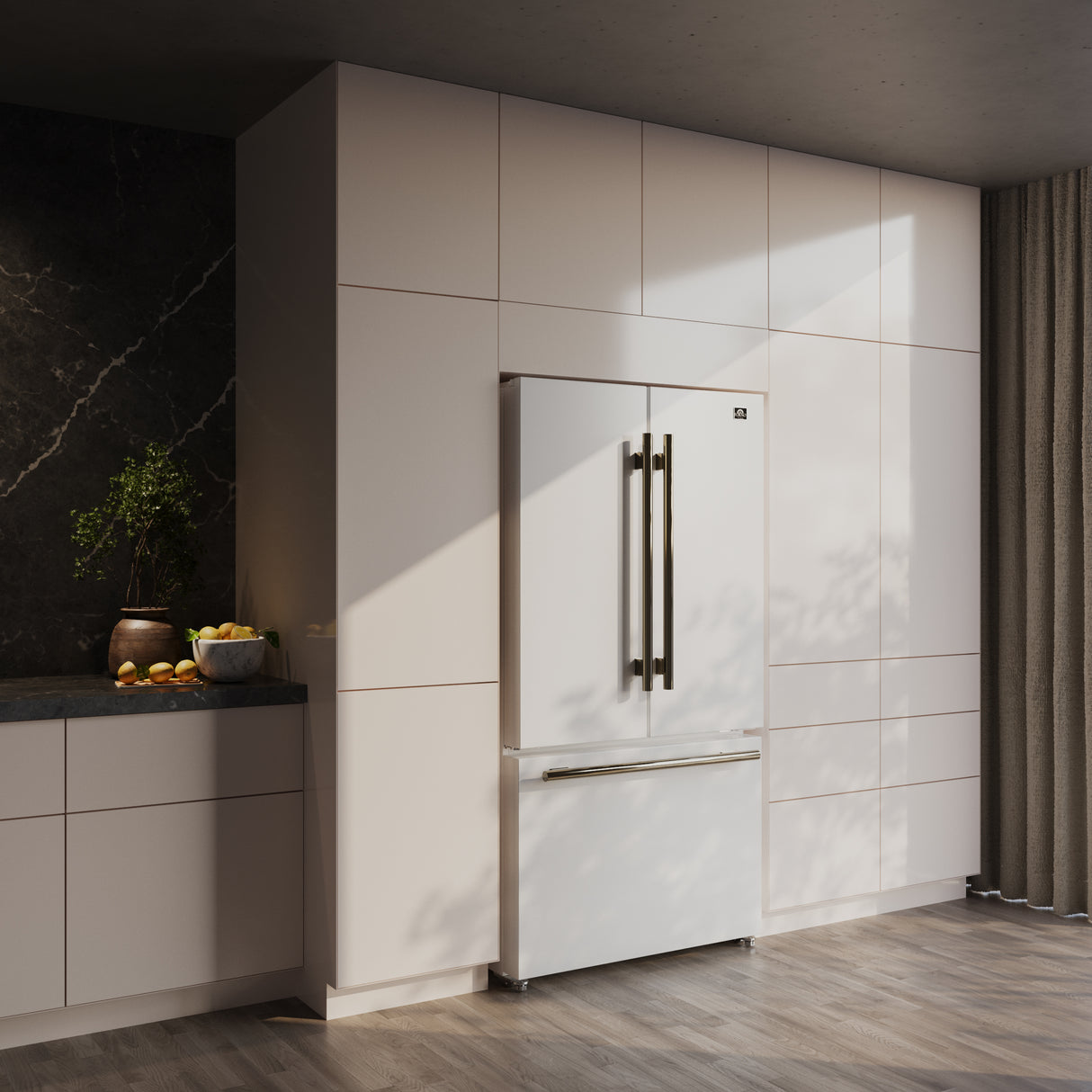 Forno Rivello 36 Inch French Door Refrigerator in White with Antique Brass, Internal Water Dispenser, Filtered Ice, Adjustable Shelves, Energy Star Certified