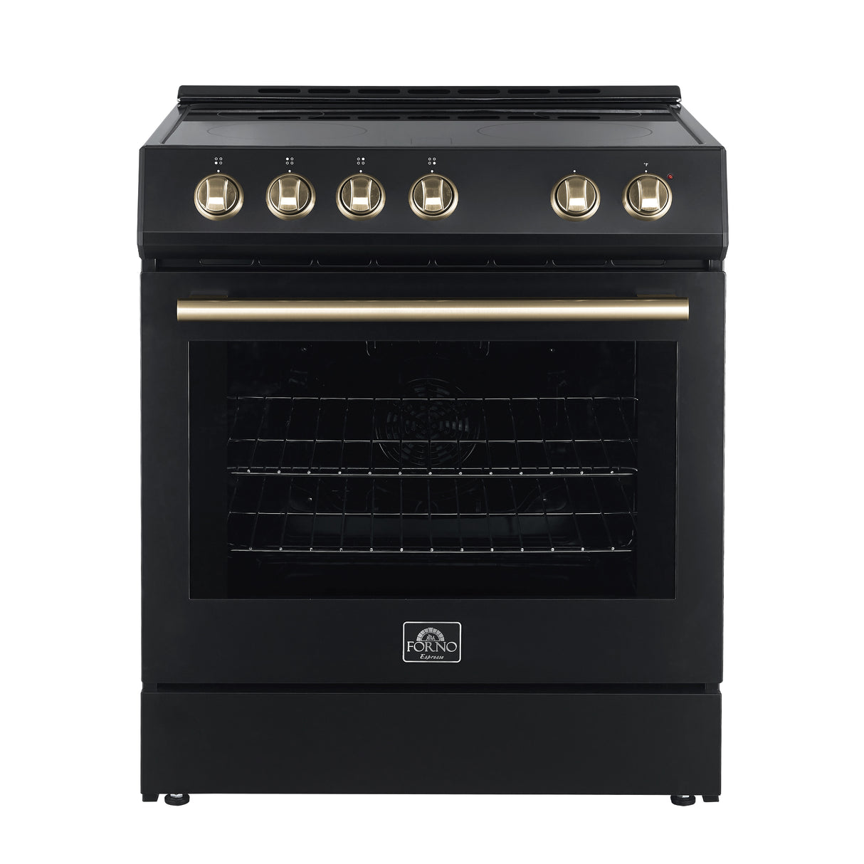 FORNO Premium 3-Piece Kitchen Bundle - Leonardo Espresso 30" Black Range, 30" Black Range Hood, 31" Black Bottom Freezer Refrigerator - FBDL-001-02US