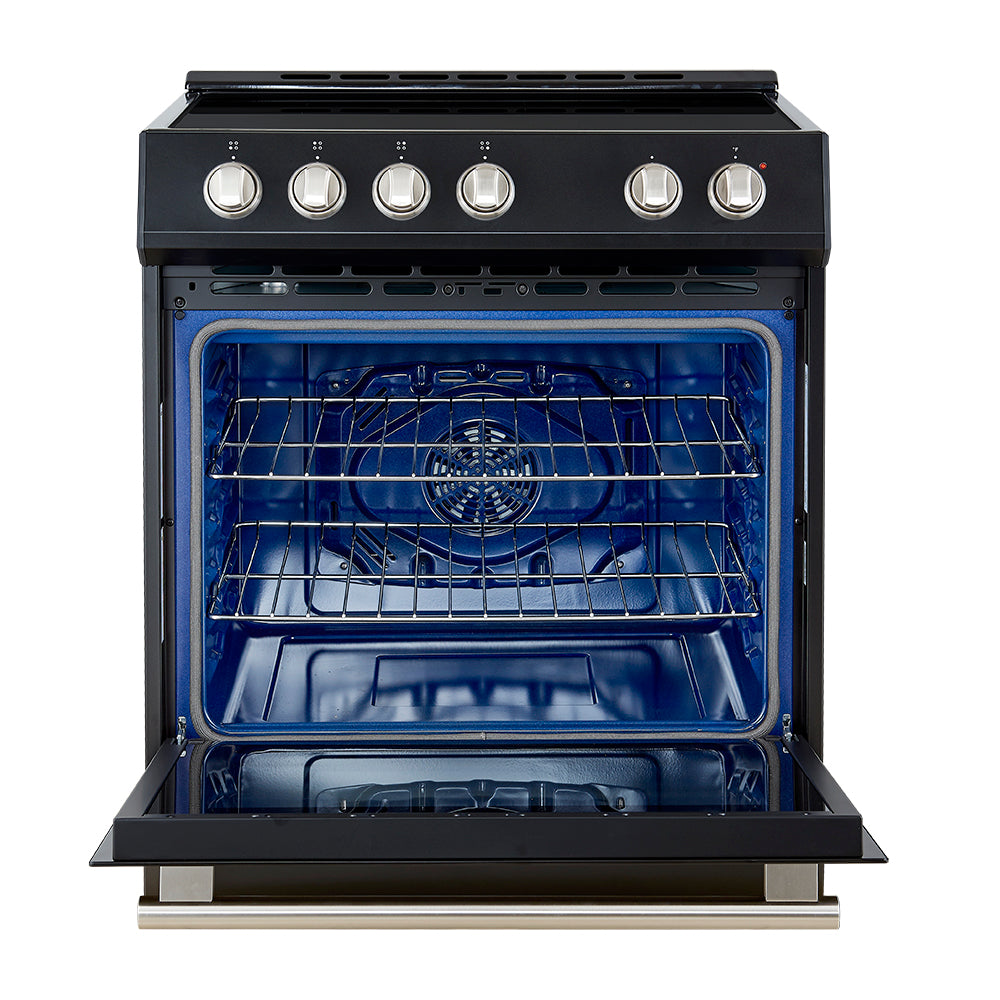 Forno Leonardo Espresso 30-Inch Slide-In Black Induction Range, Convection Oven, 5 Cooking Zones, Touch Control Panel