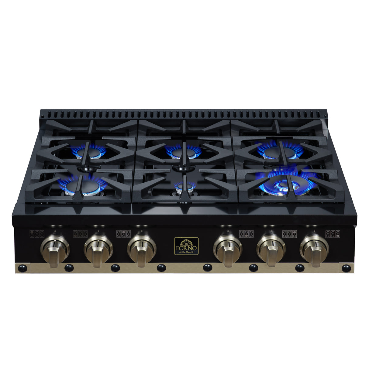 Valente 36" Gas Cooktop in Black, 6 Sealed burners, 71,000 BUT Output, 1 Antique Brass Dual-Ring Burner, Continuous Cast Iron Grates