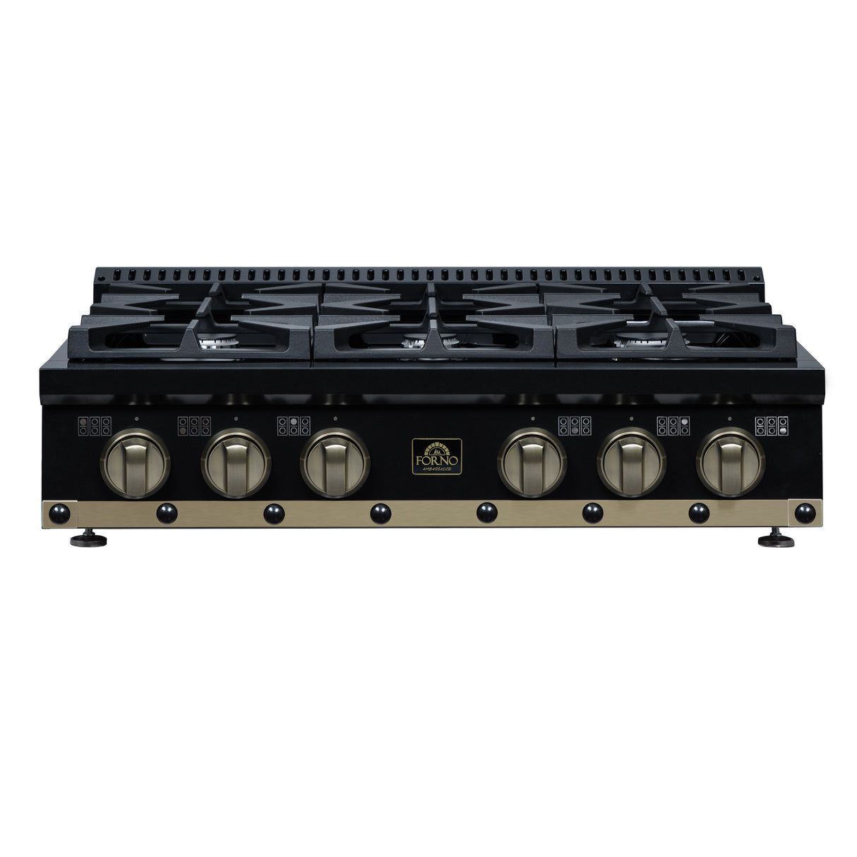 Valente 36" Gas Cooktop in Black, 6 Sealed burners, 71,000 BUT Output, 1 Antique Brass Dual-Ring Burner, Continuous Cast Iron Grates