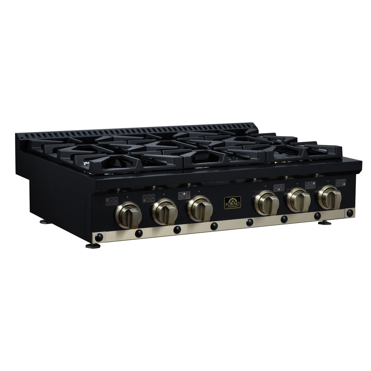 Valente 36" Gas Cooktop in Black, 6 Sealed burners, 71,000 BUT Output, 1 Antique Brass Dual-Ring Burner, Continuous Cast Iron Grates