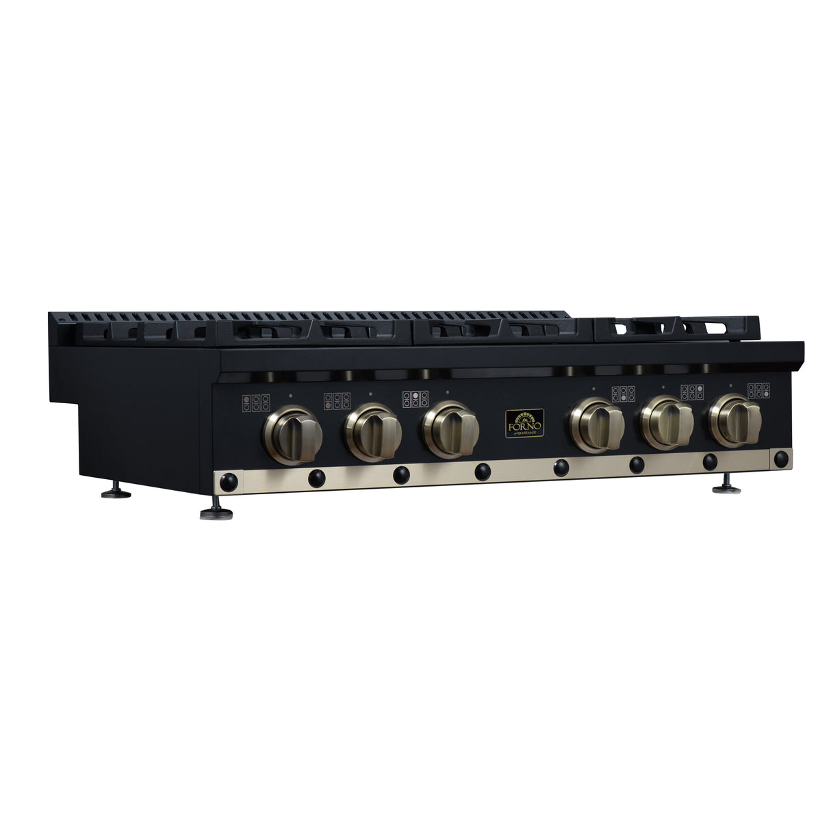 Valente 36" Gas Cooktop in Black, 6 Sealed burners, 71,000 BUT Output, 1 Antique Brass Dual-Ring Burner, Continuous Cast Iron Grates