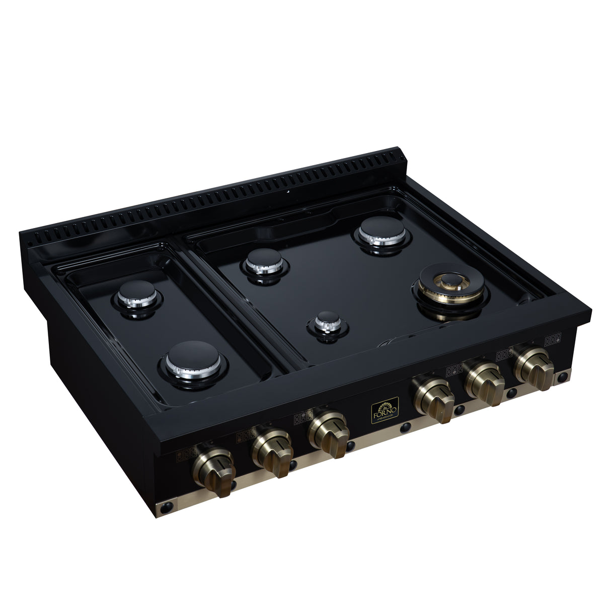 Valente 36" Gas Cooktop in Black, 6 Sealed burners, 71,000 BUT Output, 1 Antique Brass Dual-Ring Burner, Continuous Cast Iron Grates