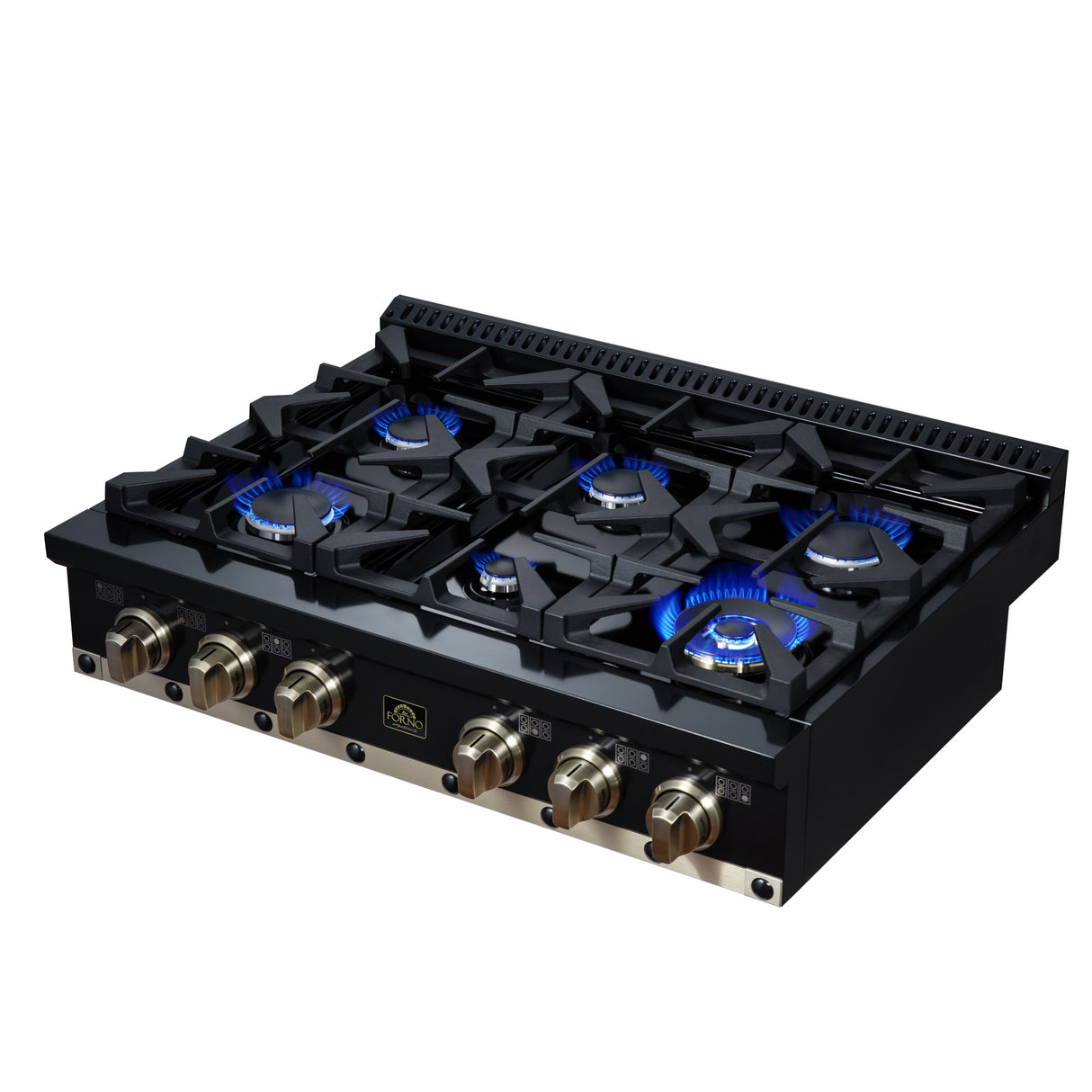 Valente 36" Gas Cooktop in Black, 6 Sealed burners, 71,000 BUT Output, 1 Antique Brass Dual-Ring Burner, Continuous Cast Iron Grates