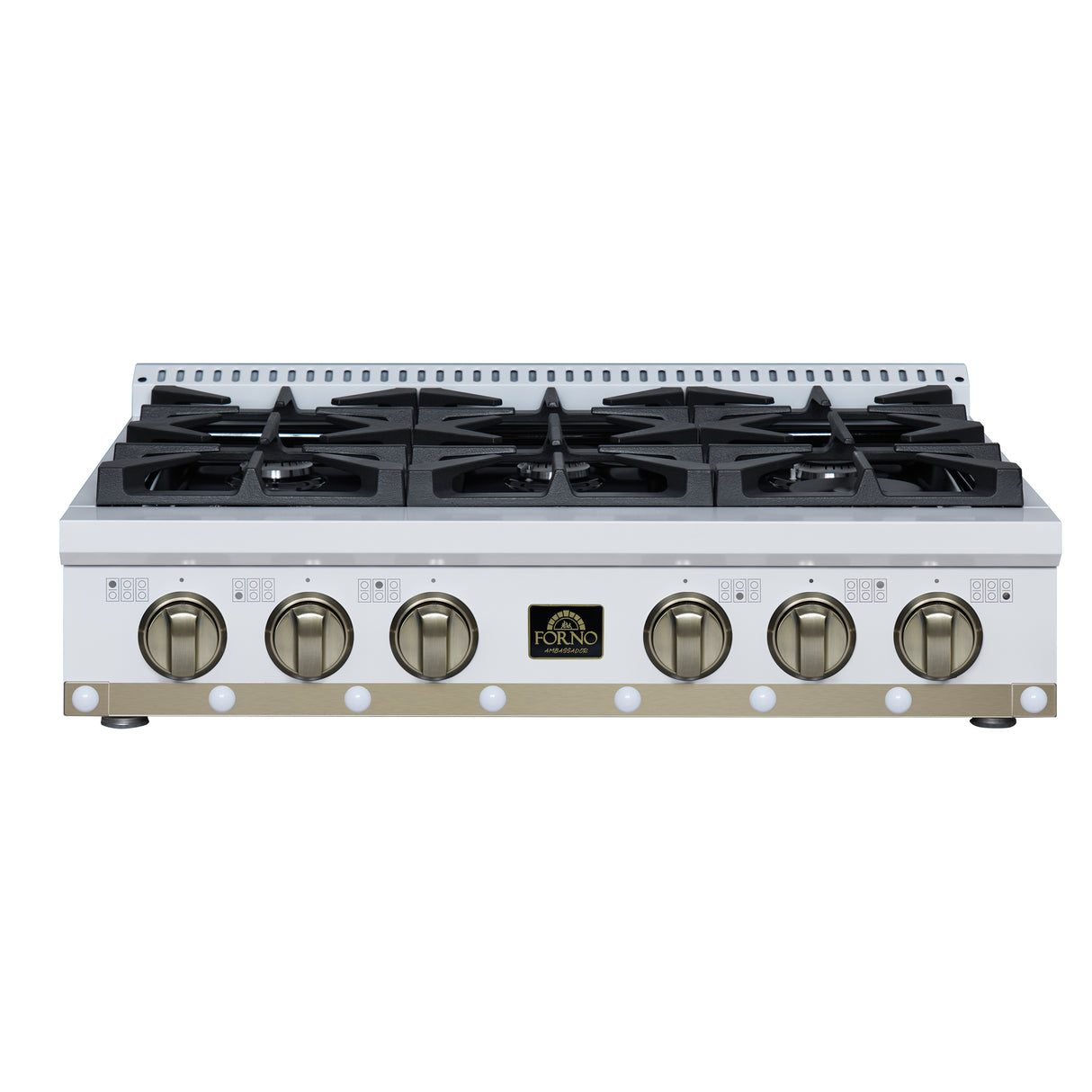 Valente 36" Gas Cooktop in White, 6 Sealed burners, 71,000 BUT Output, 1 Antique Brass Dual-Ring Burner, Continuous Cast Iron Grates