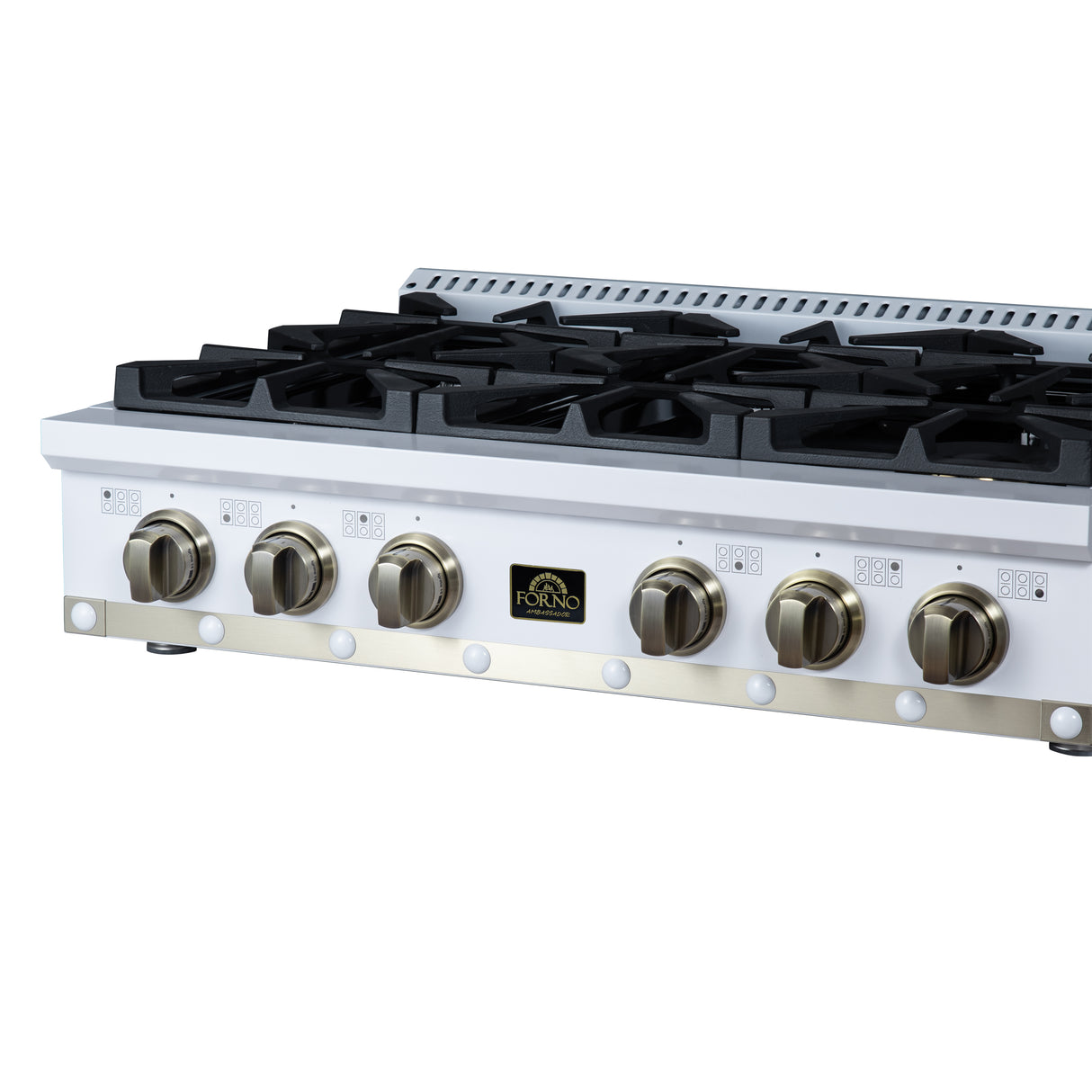 Valente 36" Gas Cooktop in White, 6 Sealed burners, 71,000 BUT Output, 1 Antique Brass Dual-Ring Burner, Continuous Cast Iron Grates