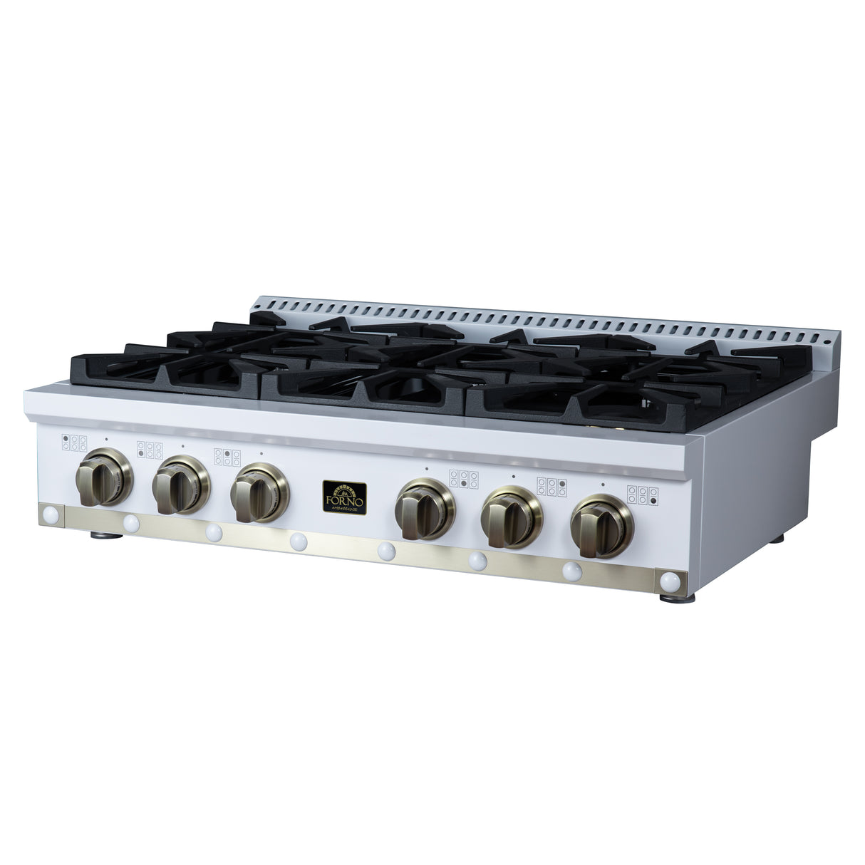 Valente 36" Gas Cooktop in White, 6 Sealed burners, 71,000 BUT Output, 1 Antique Brass Dual-Ring Burner, Continuous Cast Iron Grates