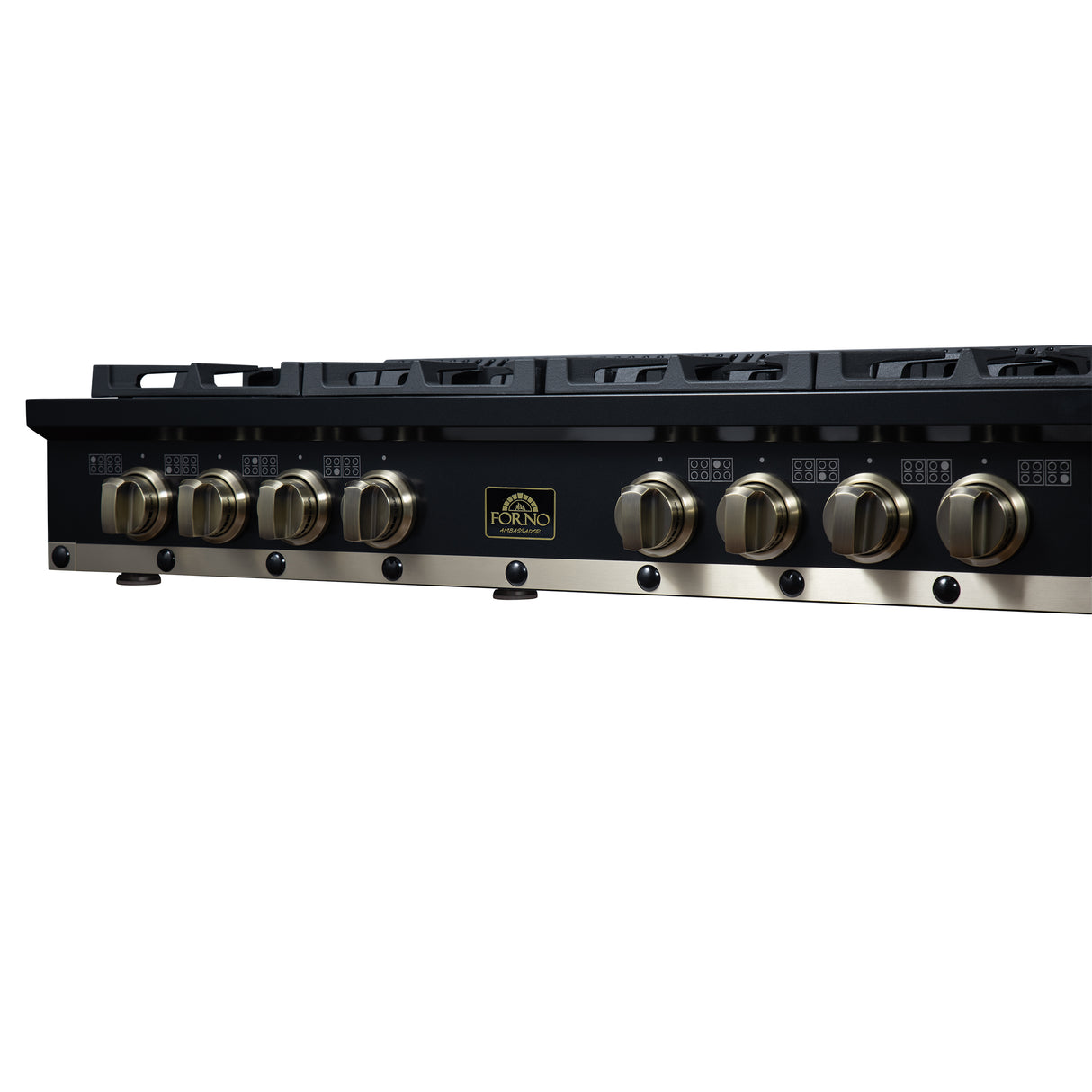 Valente 48" Gas Cooktop in Black, 8 Sealed burners, 94,000 BUT Output, 2 Antique Brass Dual-Ring Burners, Continuous Cast Iron Grates