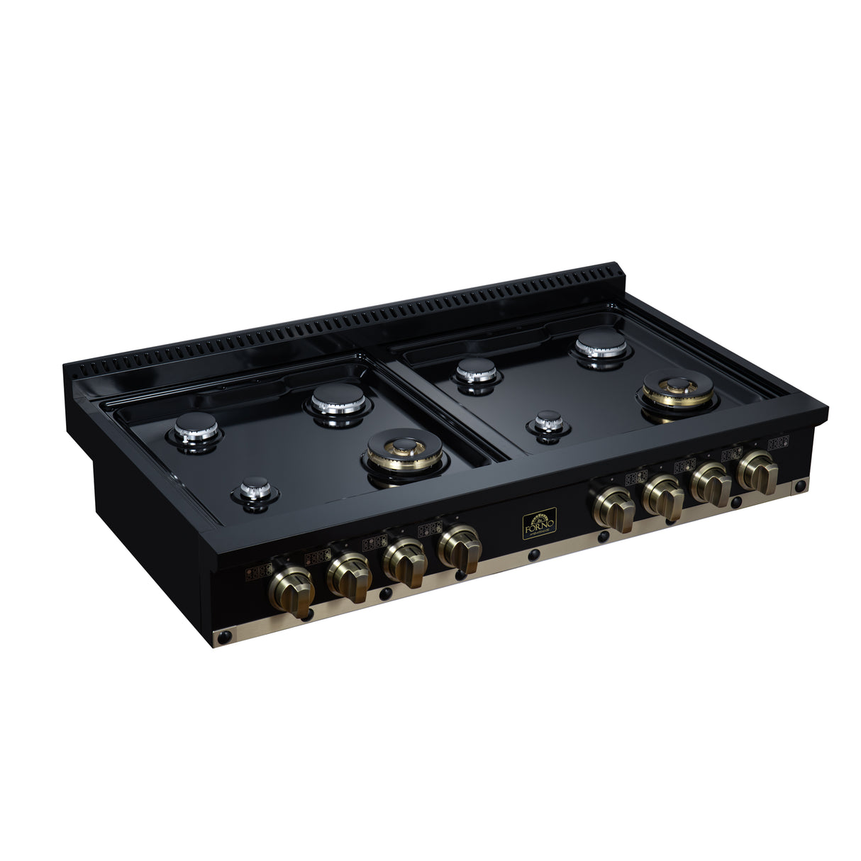 Valente 48" Gas Cooktop in Black, 8 Sealed burners, 94,000 BUT Output, 2 Antique Brass Dual-Ring Burners, Continuous Cast Iron Grates