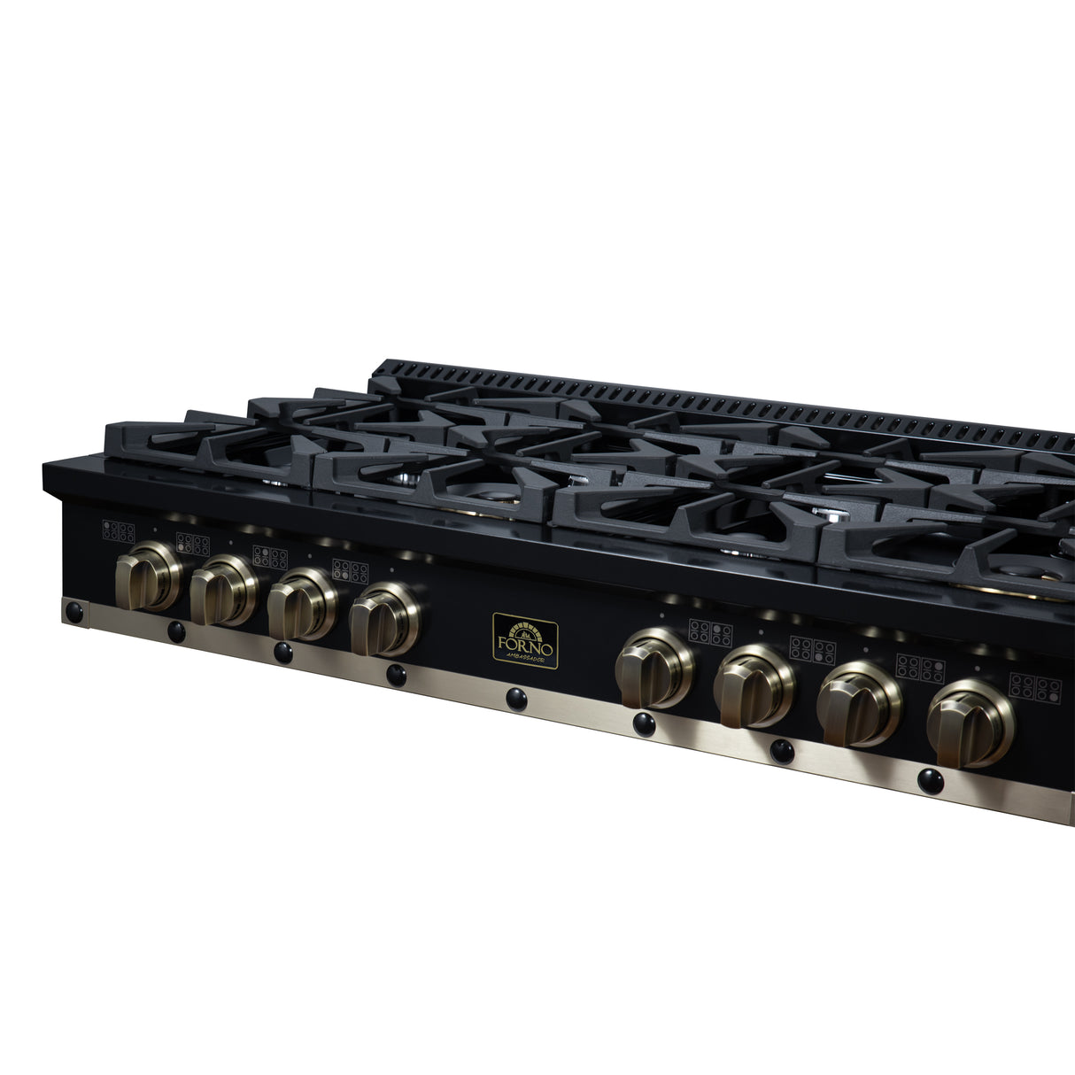 Valente 48" Gas Cooktop in Black, 8 Sealed burners, 94,000 BUT Output, 2 Antique Brass Dual-Ring Burners, Continuous Cast Iron Grates