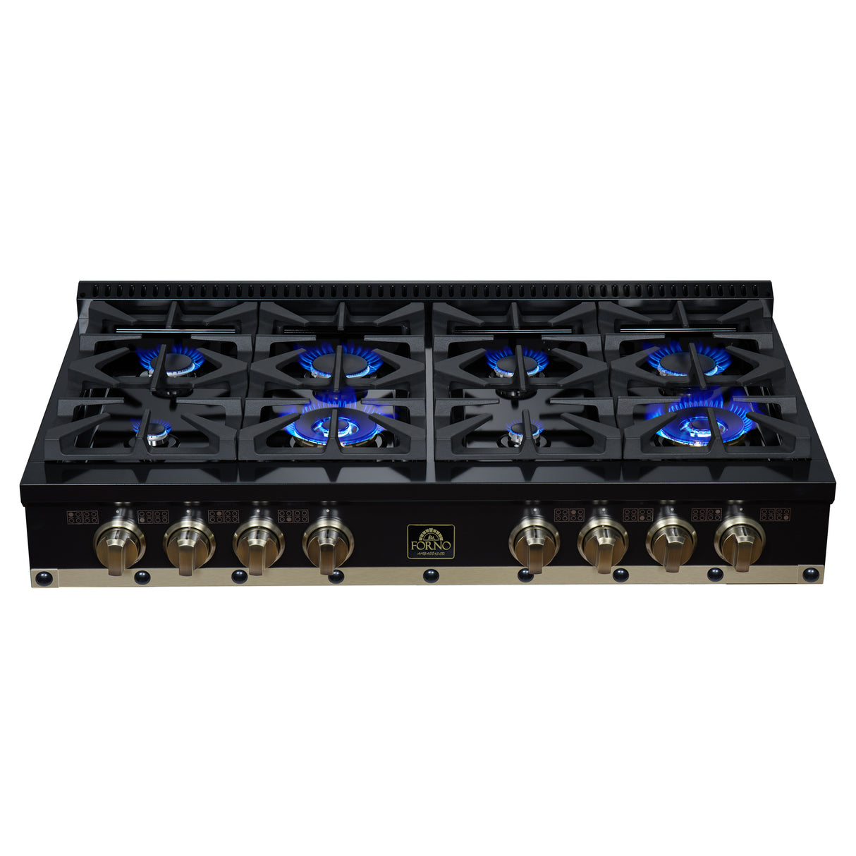 Valente 48" Gas Cooktop in Black, 8 Sealed burners, 94,000 BUT Output, 2 Antique Brass Dual-Ring Burners, Continuous Cast Iron Grates