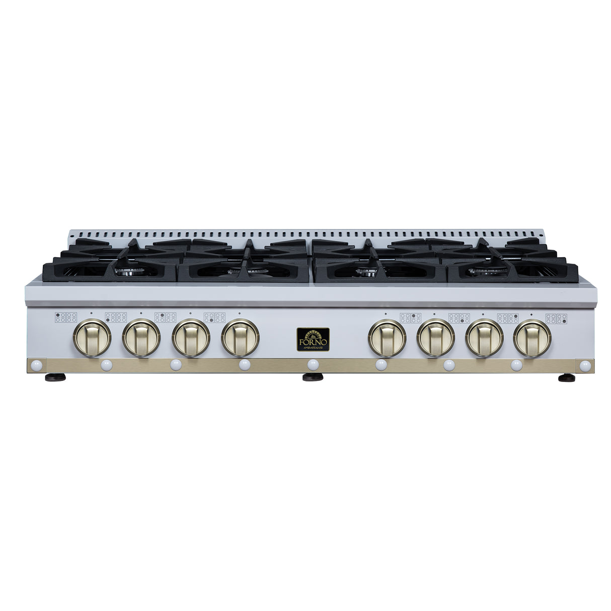 Valente 48" Gas Cooktop in White, 8 Sealed burners, 94,000 BUT Output, 2 Antique Brass Dual-Ring Burners, Continuous Cast Iron Grates