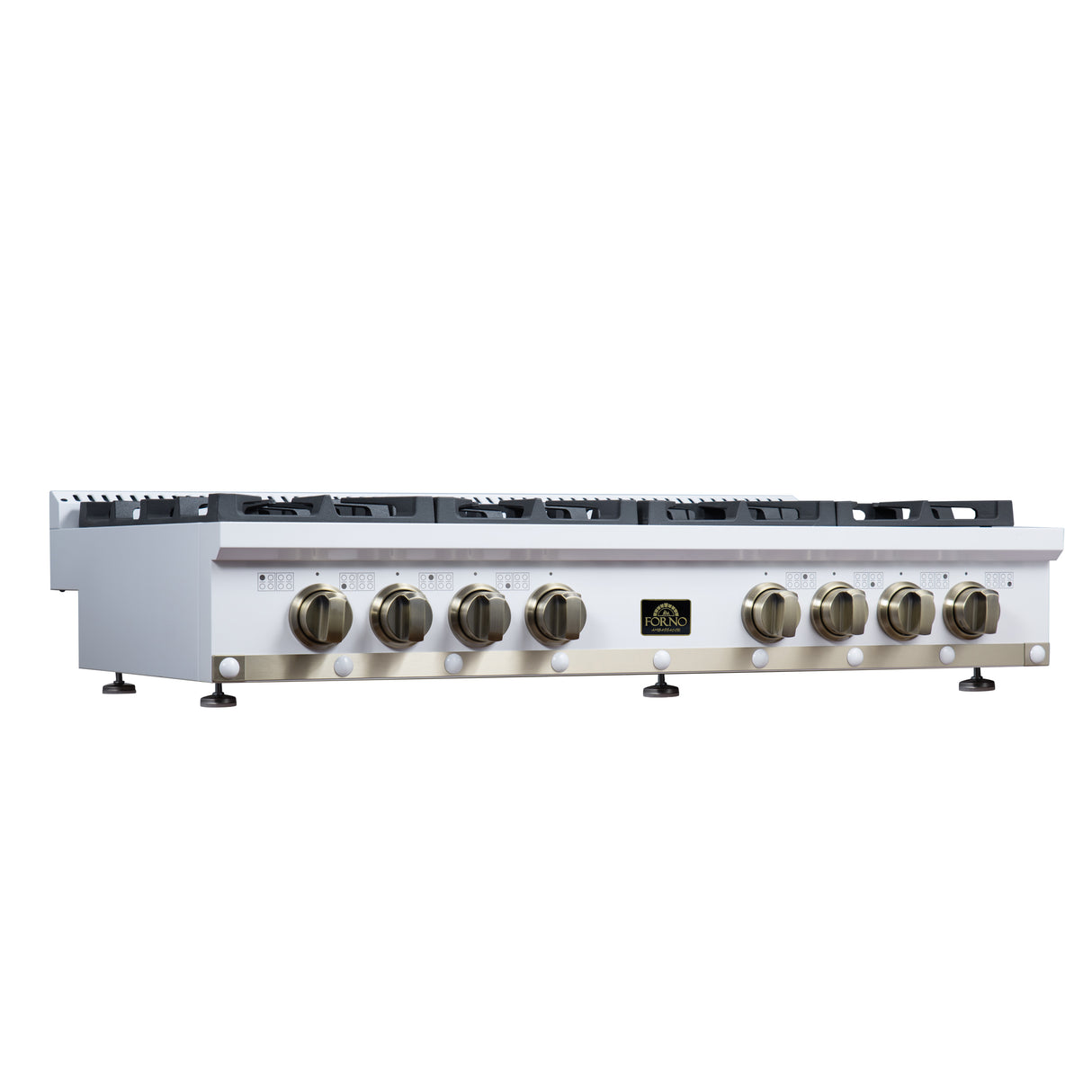 Valente 48" Gas Cooktop in White, 8 Sealed burners, 94,000 BUT Output, 2 Antique Brass Dual-Ring Burners, Continuous Cast Iron Grates
