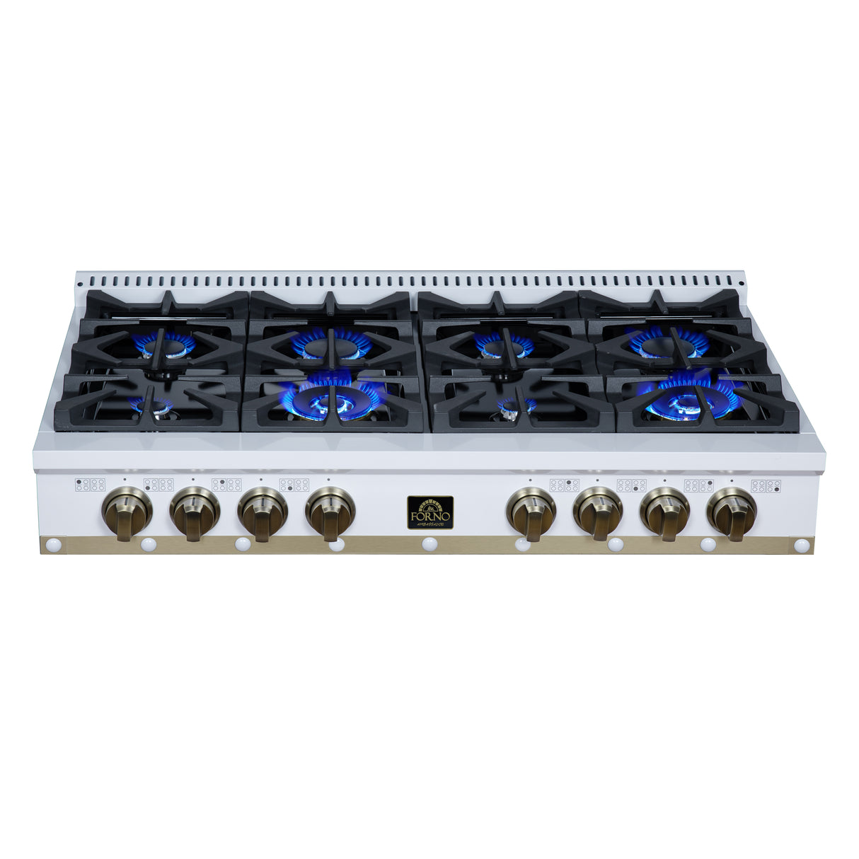 Valente 48" Gas Cooktop in White, 8 Sealed burners, 94,000 BUT Output, 2 Antique Brass Dual-Ring Burners, Continuous Cast Iron Grates