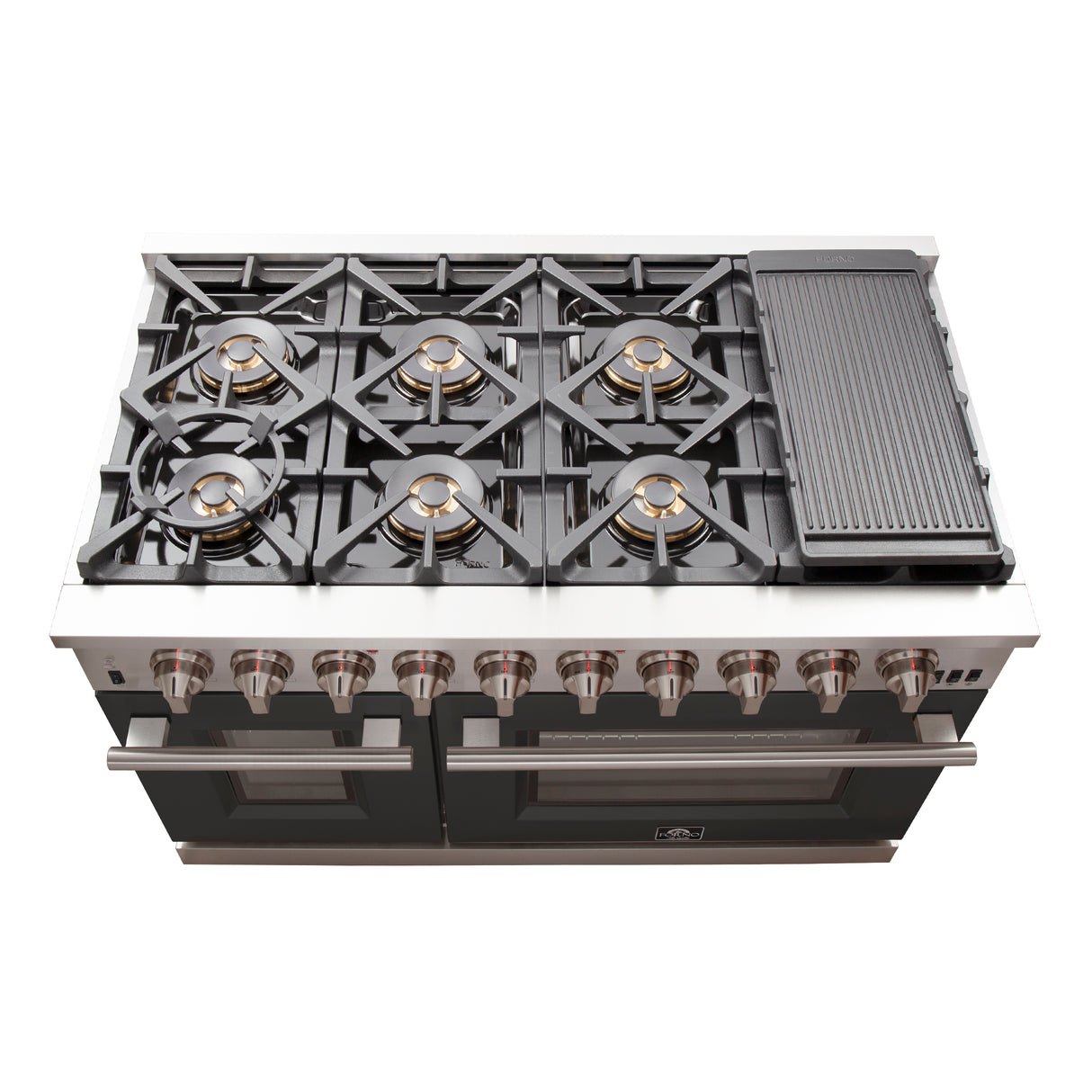 FORNO Capriasca 48-inch Gas Range Stainless Steel, 8 Brass Burners 160,000 BTU, 6.58 cu.ft. Double Oven, Black Doors