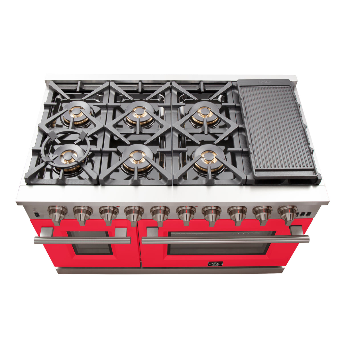 FORNO Capriasca 48-inch Gas Range Stainless Steel, 8 Brass Burners 160,000 BTU, 6.58 cu.ft. Double Oven, Red Doors