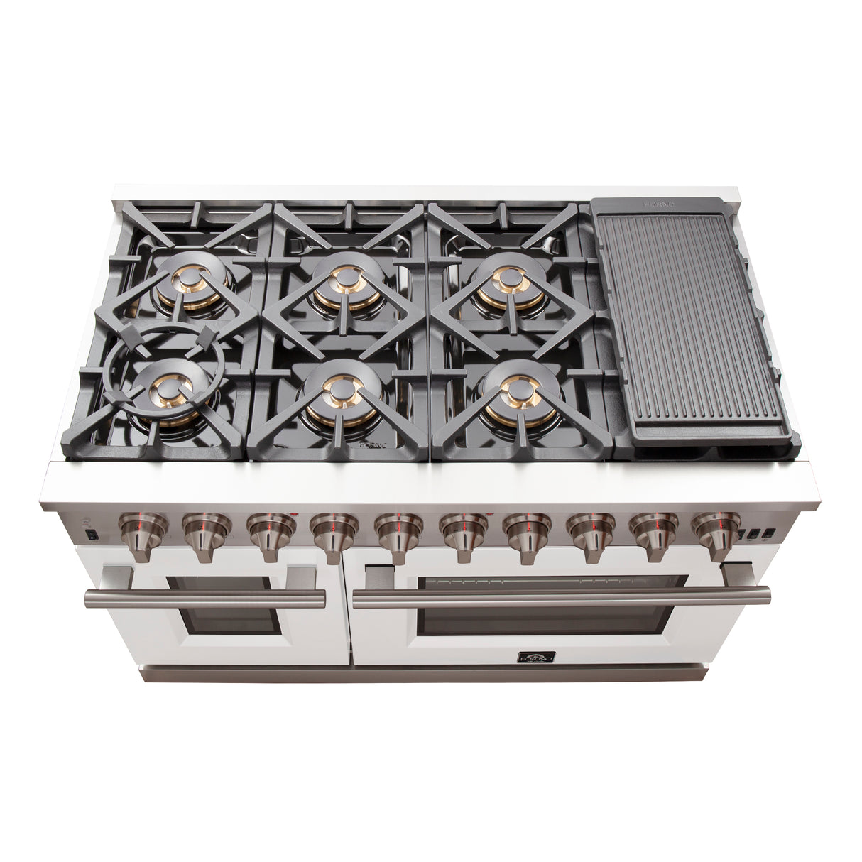 FORNO Capriasca 48-inch Gas Range Stainless Steel, 8 Brass Burners 160,000 BTU, 6.58 cu.ft. Double Oven, White Doors