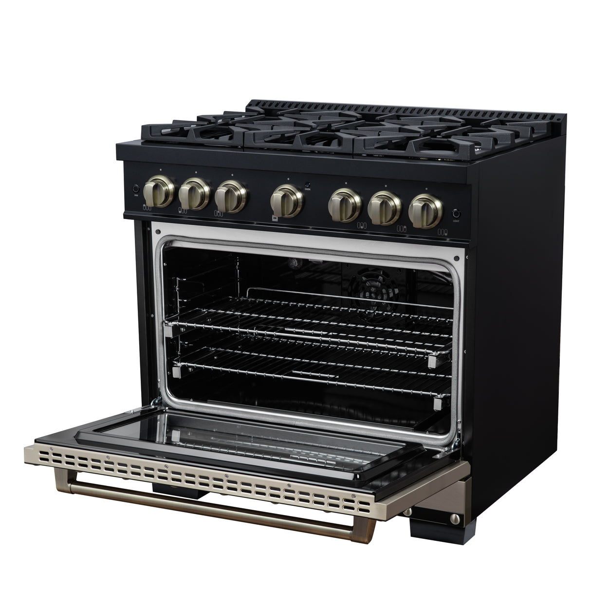 Valente 36" Gas Range in Black, 6 Sealed Burnes, 71 000 BTU Cooktop Output , 5.2 Cu.Ft. convection Oven, Telescopic Racks