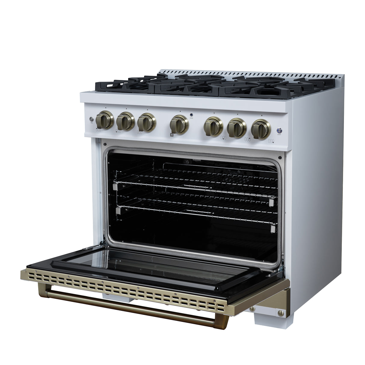 Valente 36" Gas Range in White, 6 Sealed Burnes, 71 000 BTU Cooktop Output , 5.2 Cu.Ft. convection Oven, Telescopic Racks